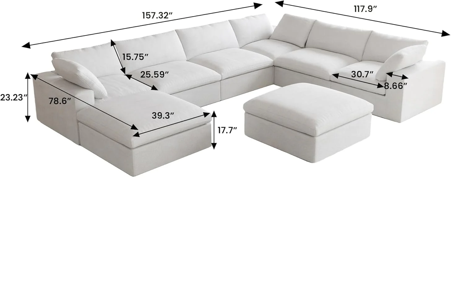 Nuvé® Solace Modular Bouclé Cloud Sofa - Snow White - 6-Seater Corner Sectional + 2 Ottomans - Image 6