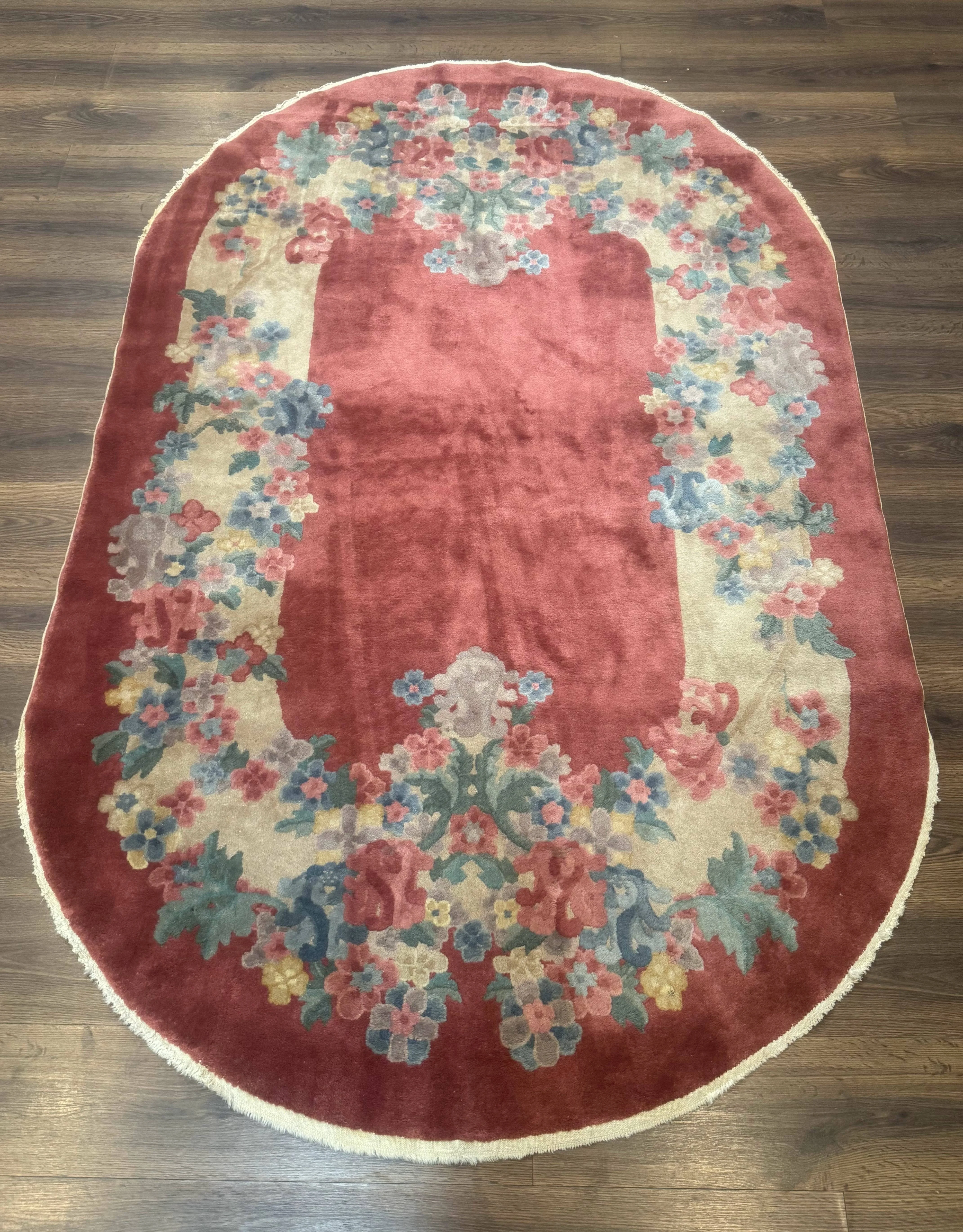 Oval Chinese Peking Rug 5x8, Pink, Floral, Vintage Chinese Wool Carpet