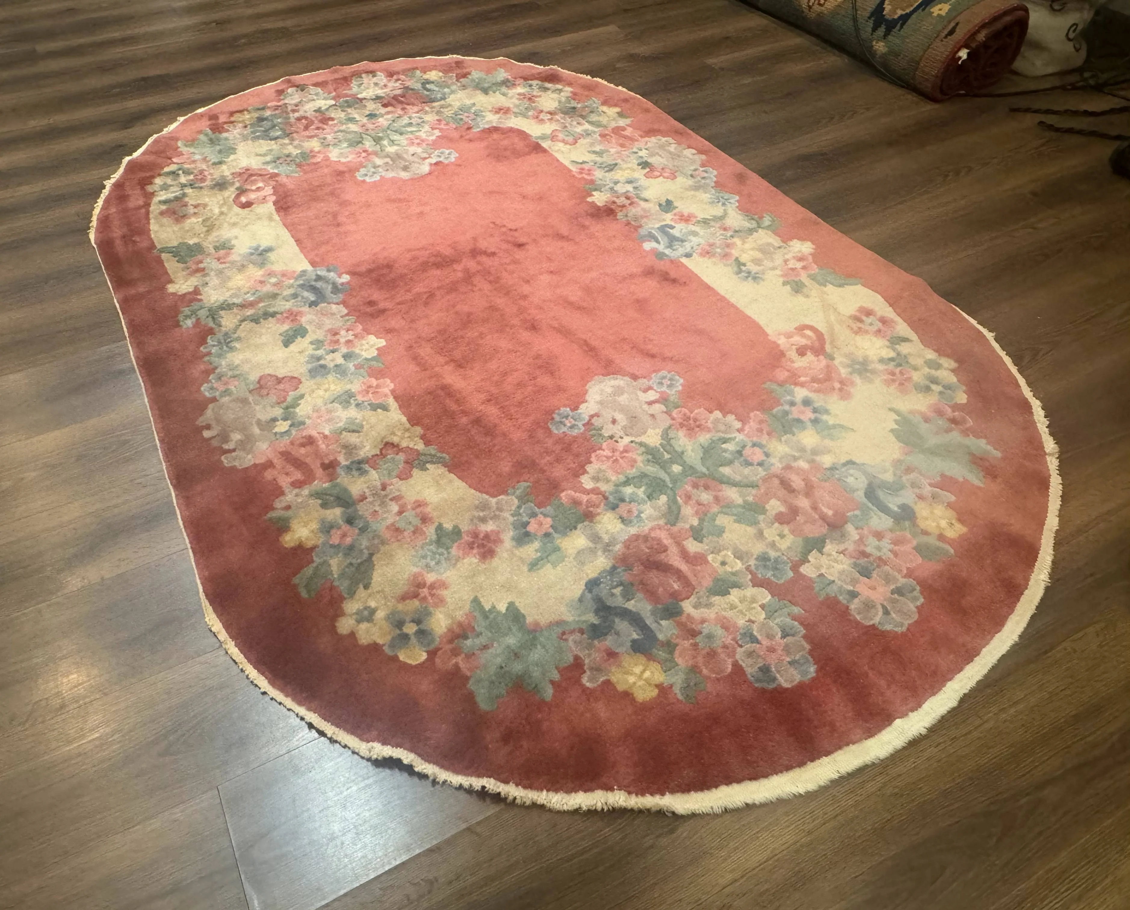 Oval Chinese Peking Rug 5x8, Pink, Floral, Vintage Chinese Wool Carpet - Image 12