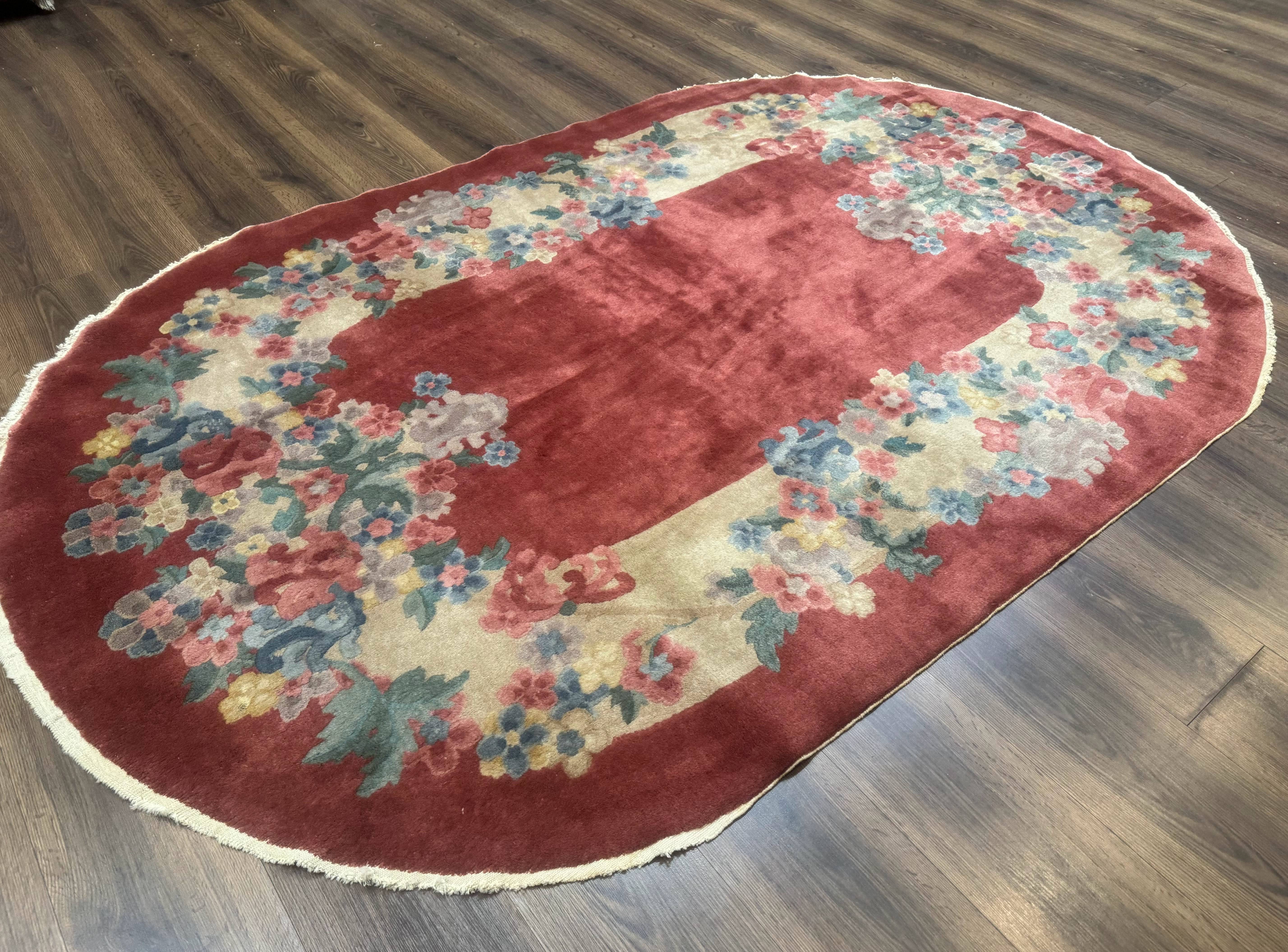 Oval Chinese Peking Rug 5x8, Pink, Floral, Vintage Chinese Wool Carpet - Image 2