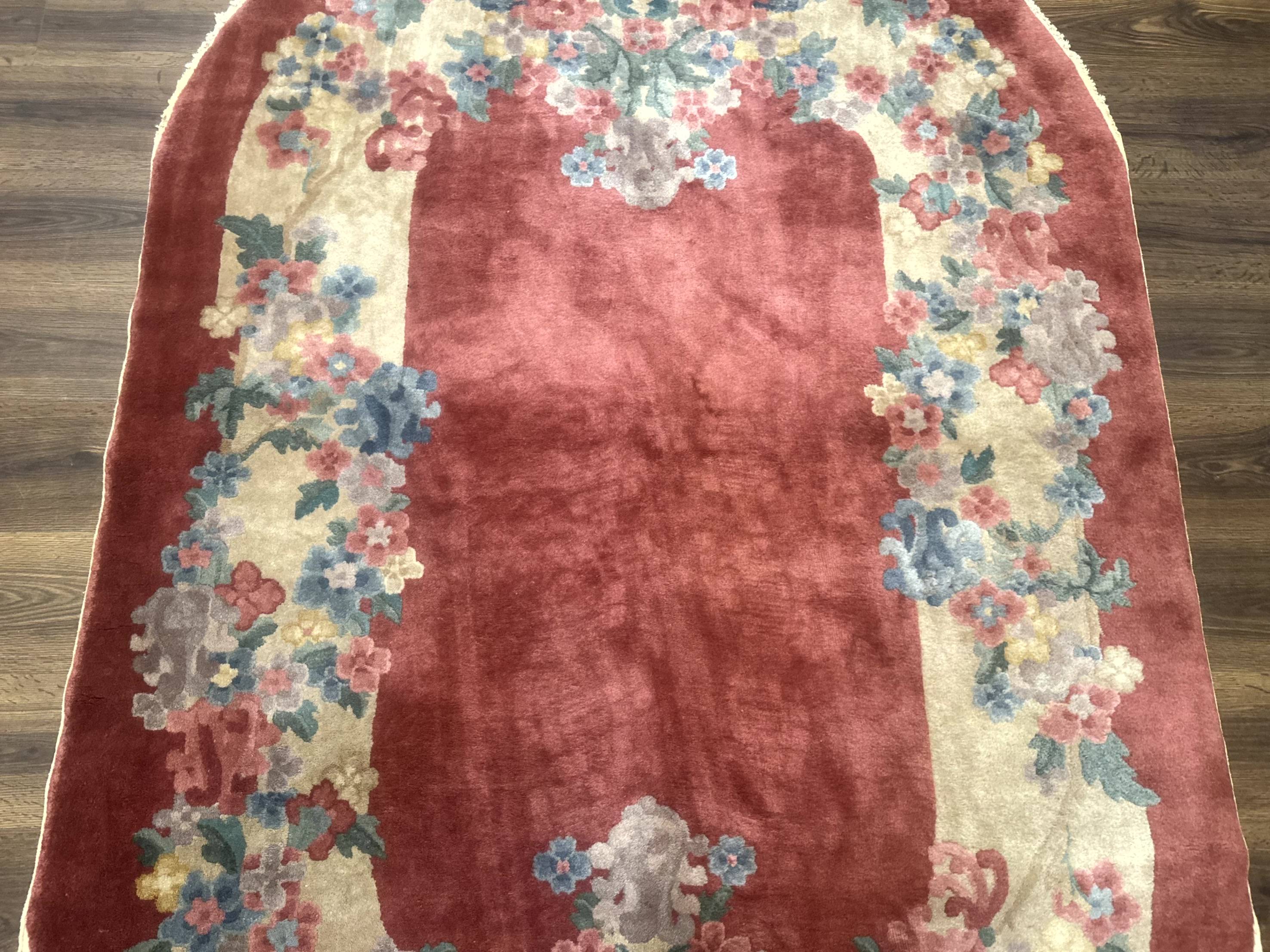 Oval Chinese Peking Rug 5x8, Pink, Floral, Vintage Chinese Wool Carpet - Image 4