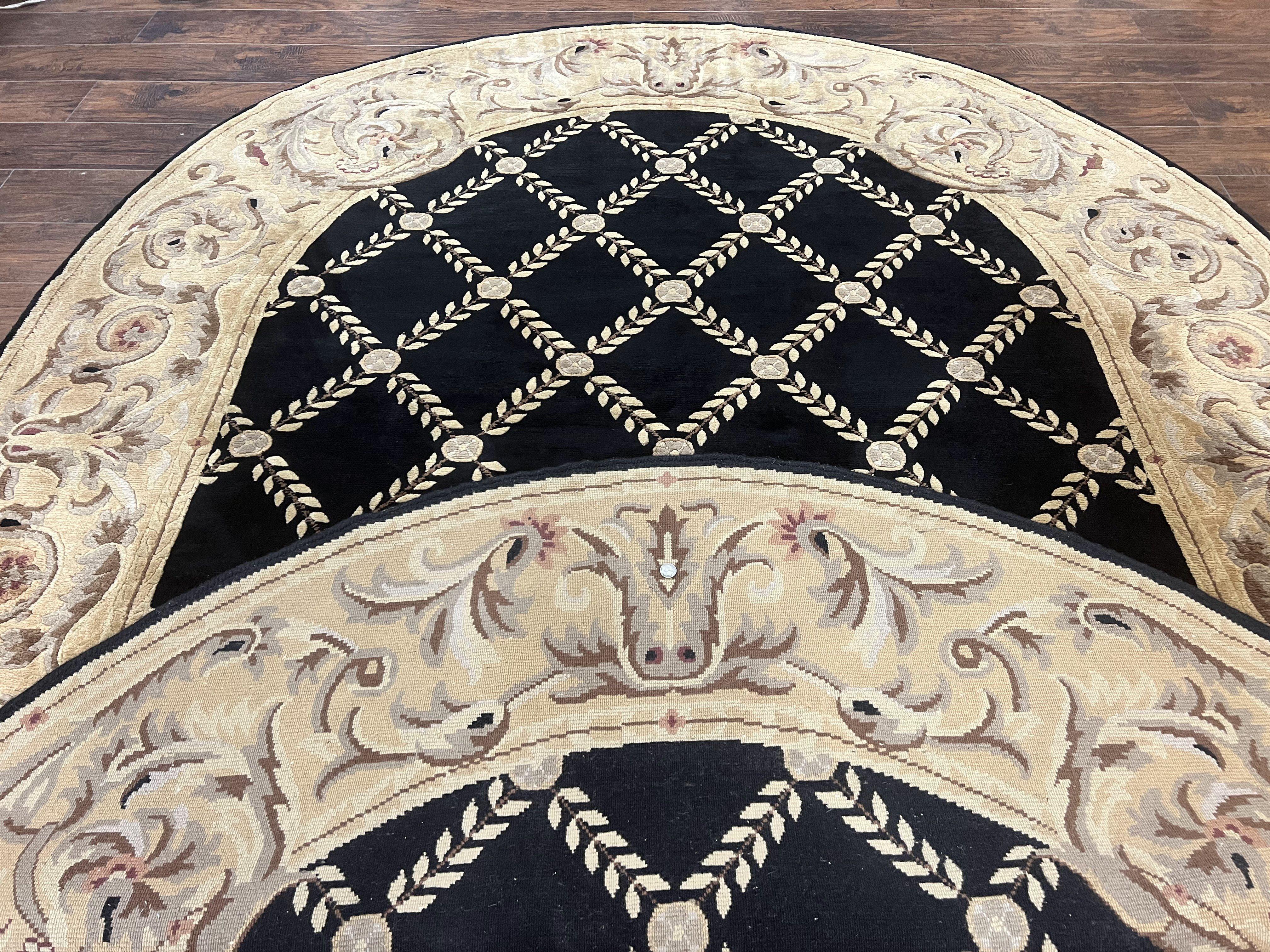 Oval Tibetan Rug 8x10, French Aubusson Design, Wool Handmade Vintage Carpet, Black & Beige, Soft Wool Pile - Image 11