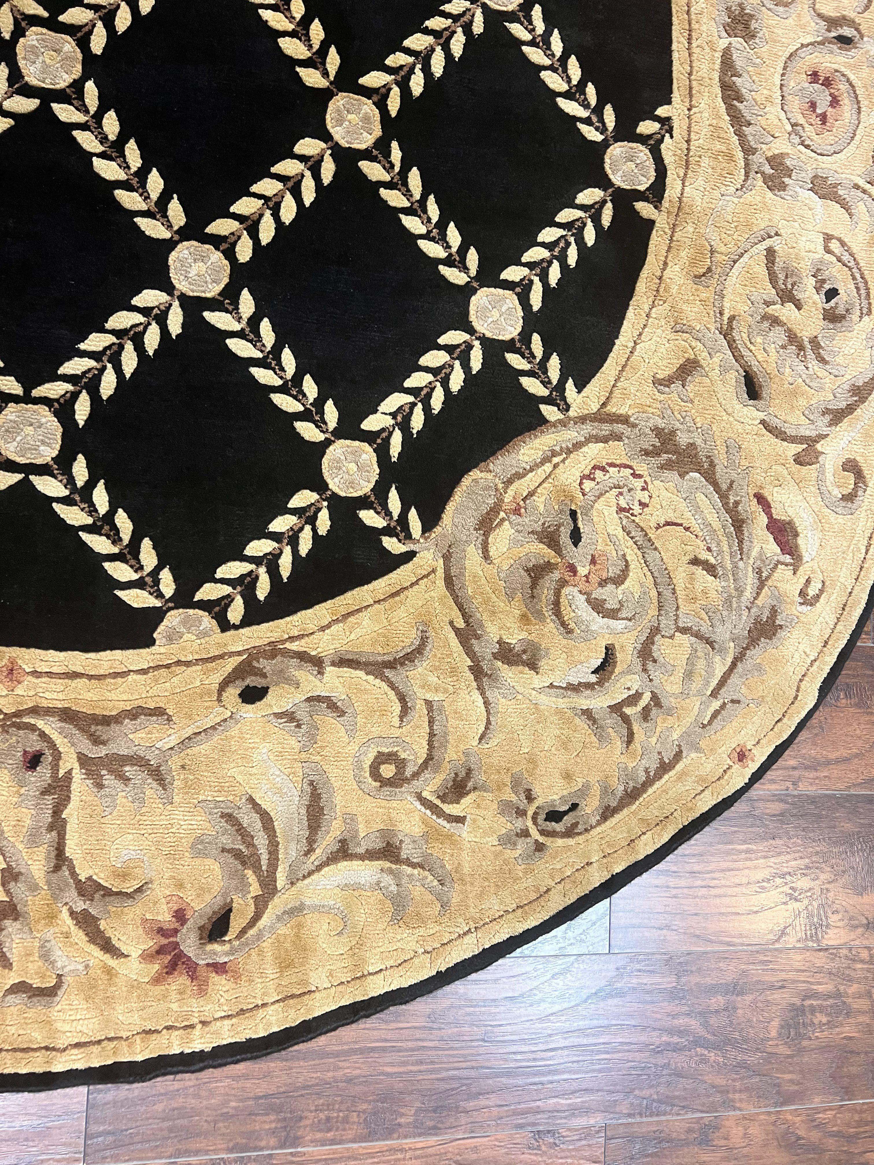 Oval Tibetan Rug 8x10, French Aubusson Design, Wool Handmade Vintage Carpet, Black & Beige, Soft Wool Pile - Image 9