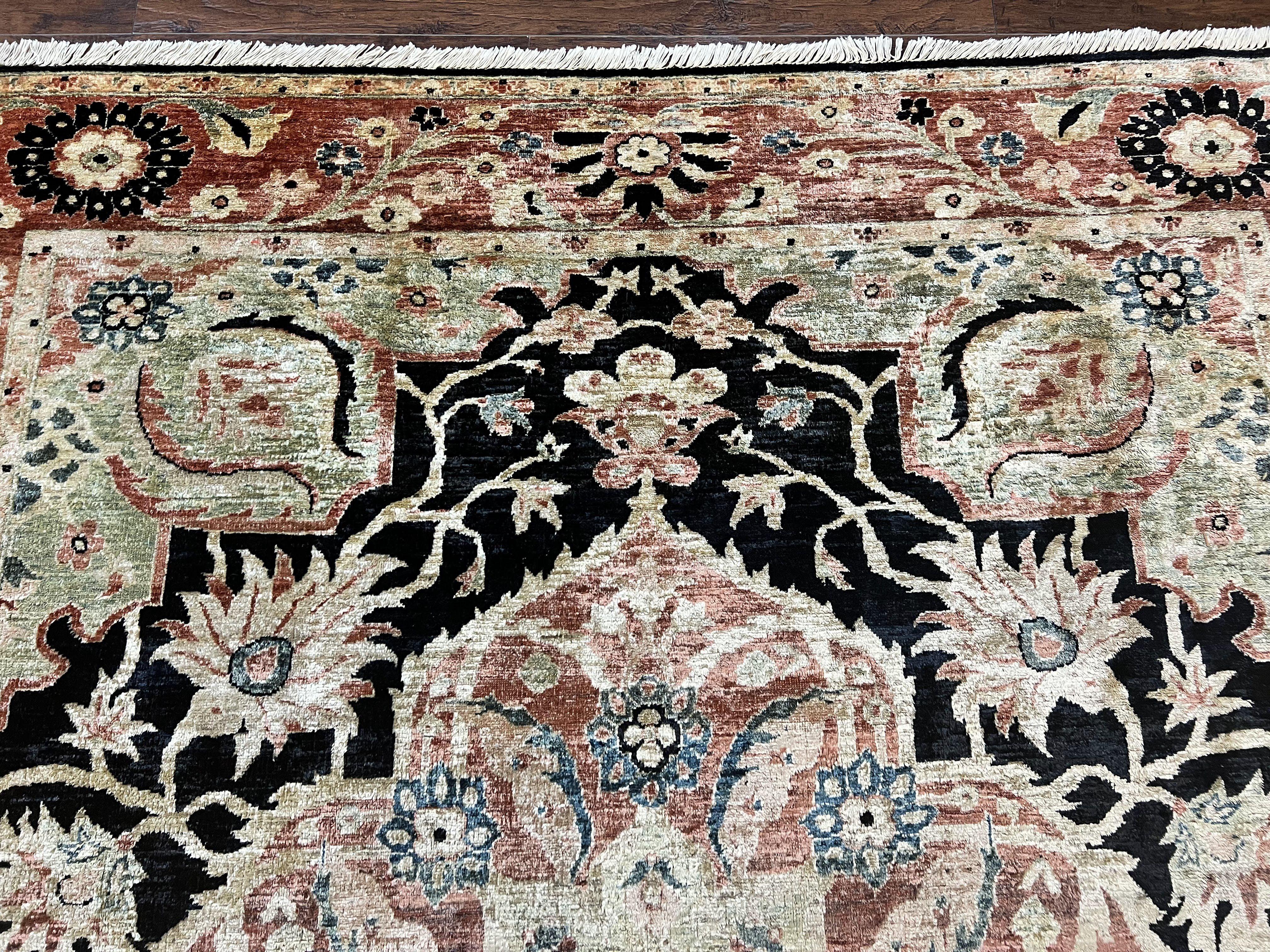 Pak Persian Rug 8x10, Pakistani Mahal Sultanabad Carpet, Signature from Master Weaver, Shiny Wool, Black Red Vintage Handmade Medallion Rug - Image 3