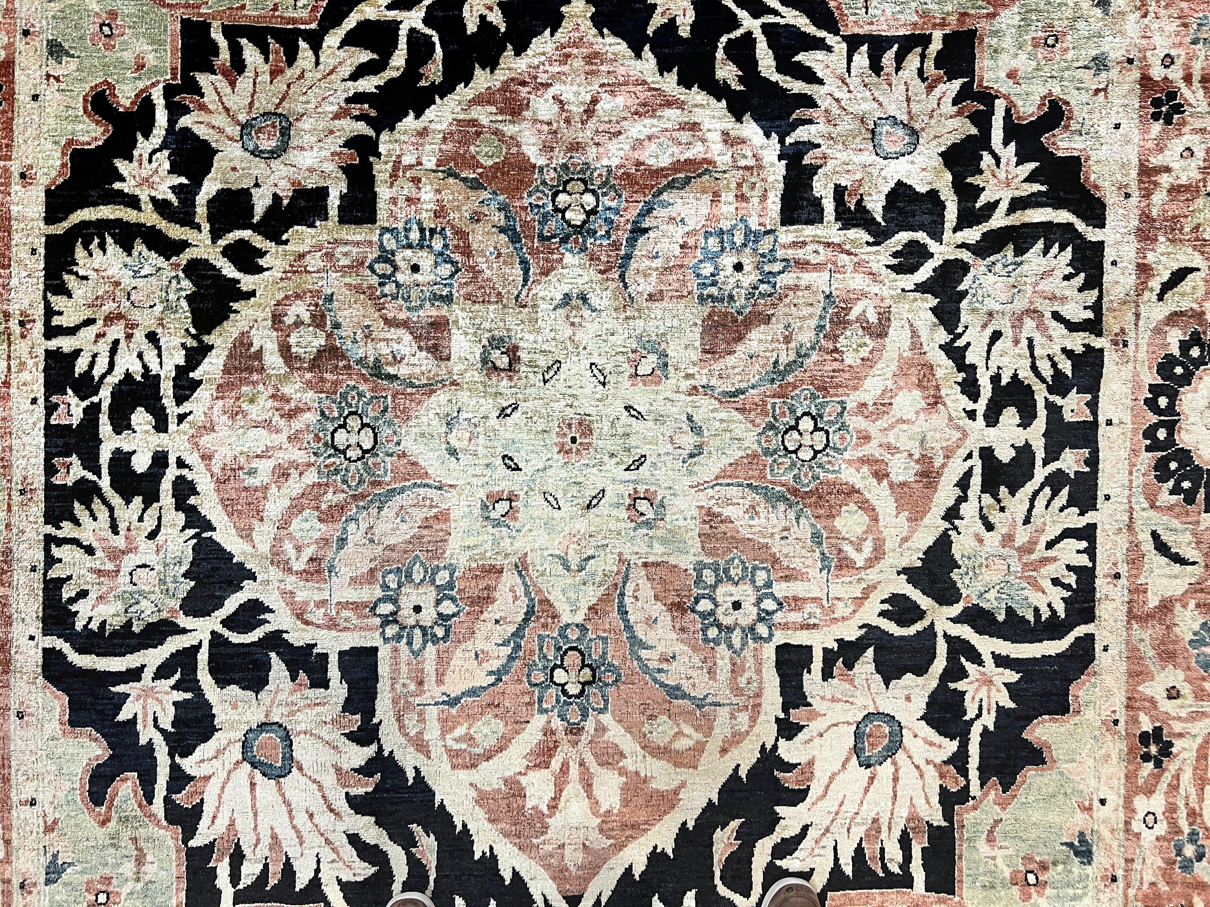 Pak Persian Rug 8x10, Pakistani Mahal Sultanabad Carpet, Signature from Master Weaver, Shiny Wool, Black Red Vintage Handmade Medallion Rug - Image 4