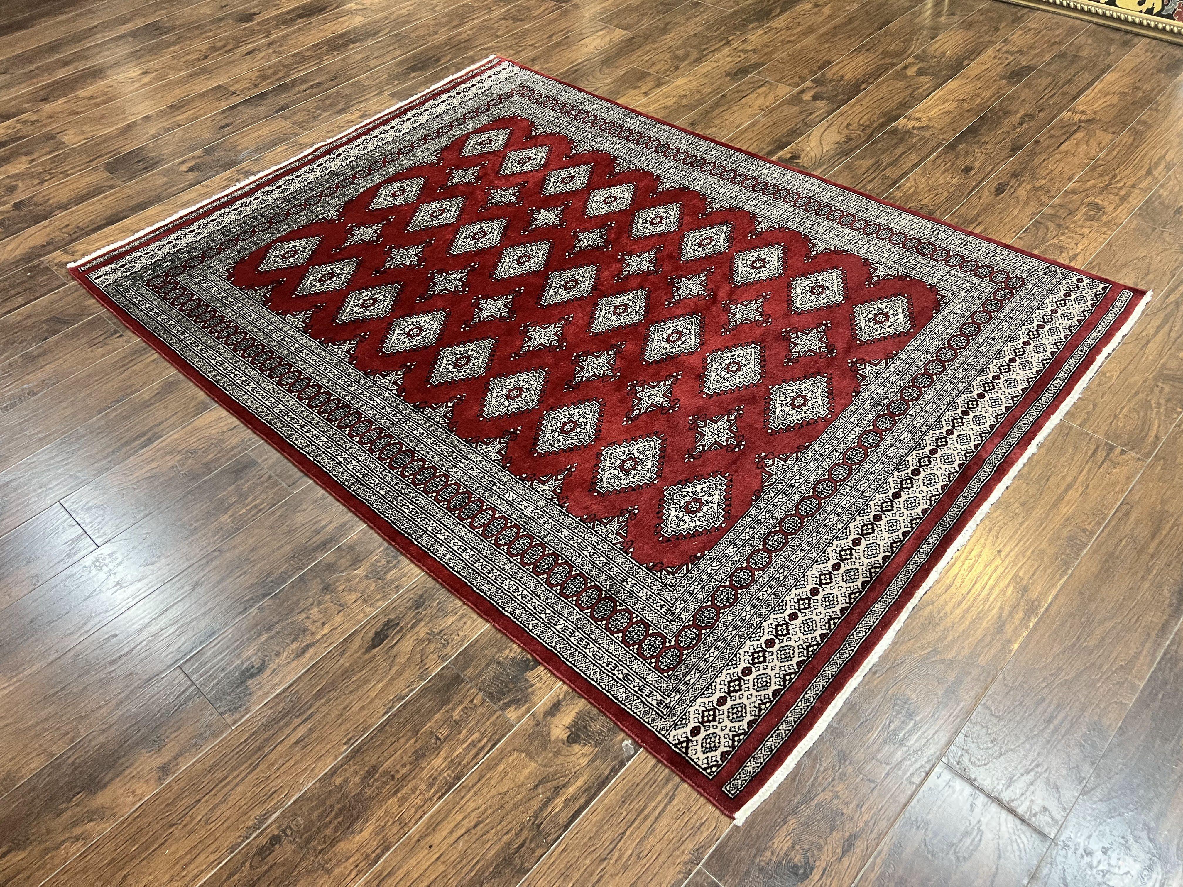 Pakistani Bokhara Rug 6x8, Fine Turkoman Carpet, Wool Handmade Vintage, Red, 6 x 8 Medium Sized Rug, Turkmen Rug - Image 12