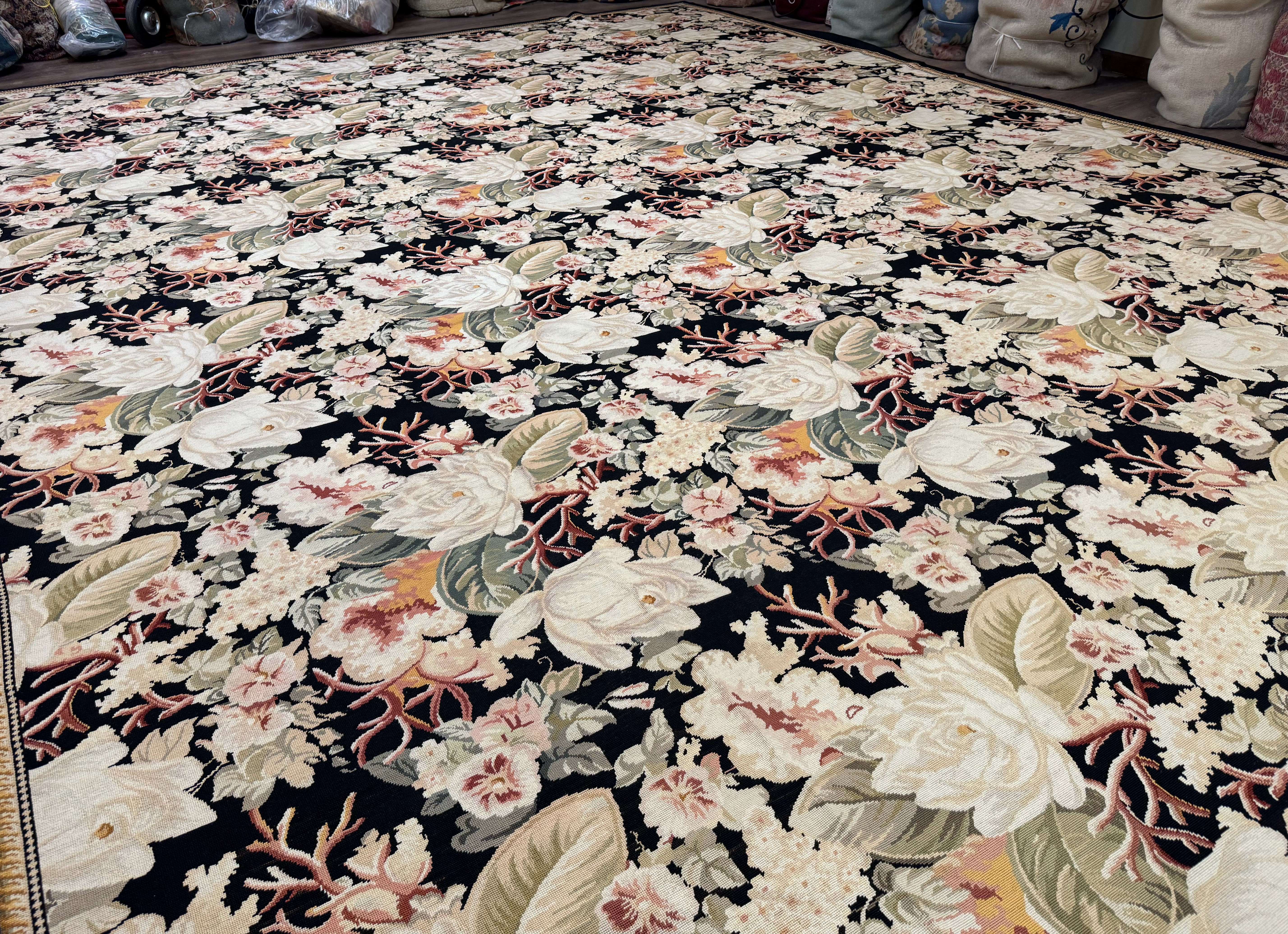 Palace Size Needlepoint Rug 13x17, Extra Large Wool Floral Handmade Carpet, European Design, Botanical - Image 12