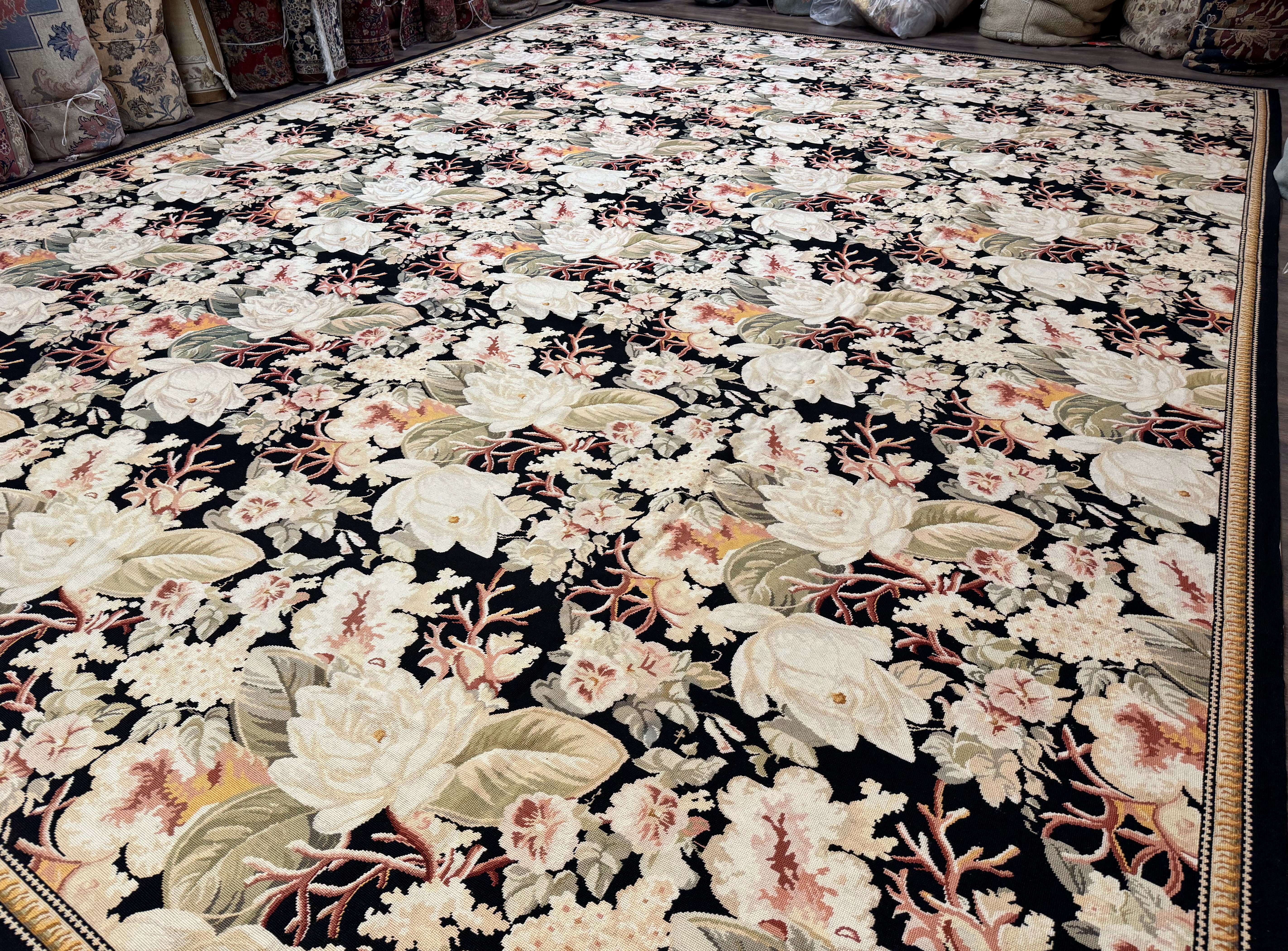 Palace Size Needlepoint Rug 13x17, Extra Large Wool Floral Handmade Carpet, European Design, Botanical - Image 2