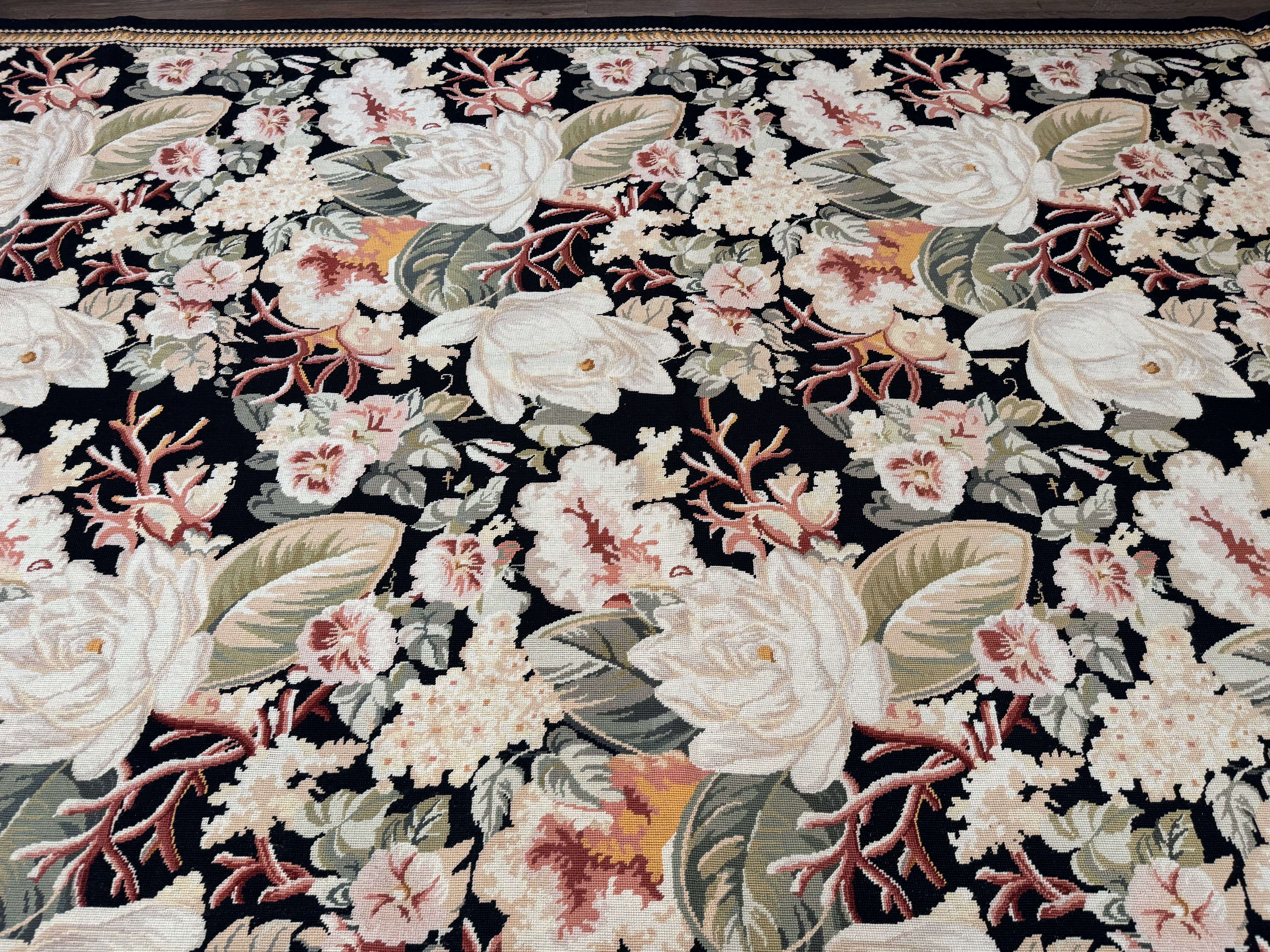 Palace Size Needlepoint Rug 13x17, Extra Large Wool Floral Handmade Carpet, European Design, Botanical - Image 3