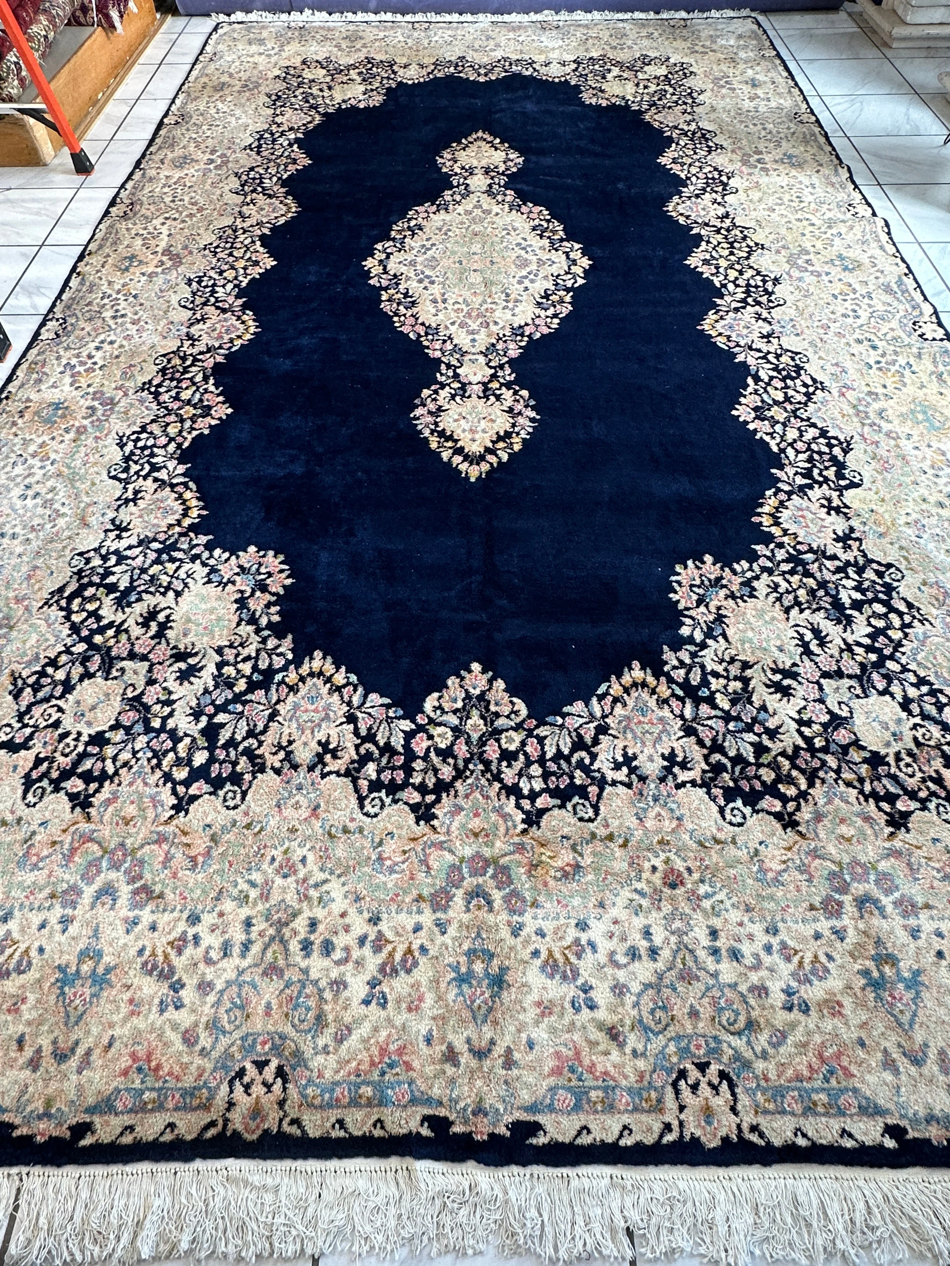 Palace-Size Vintage Royal Kirman Wool Rug – 9’9” x 17’2” – Hand-Knotted Persian Elegance with Deep Navy Field - Image 2