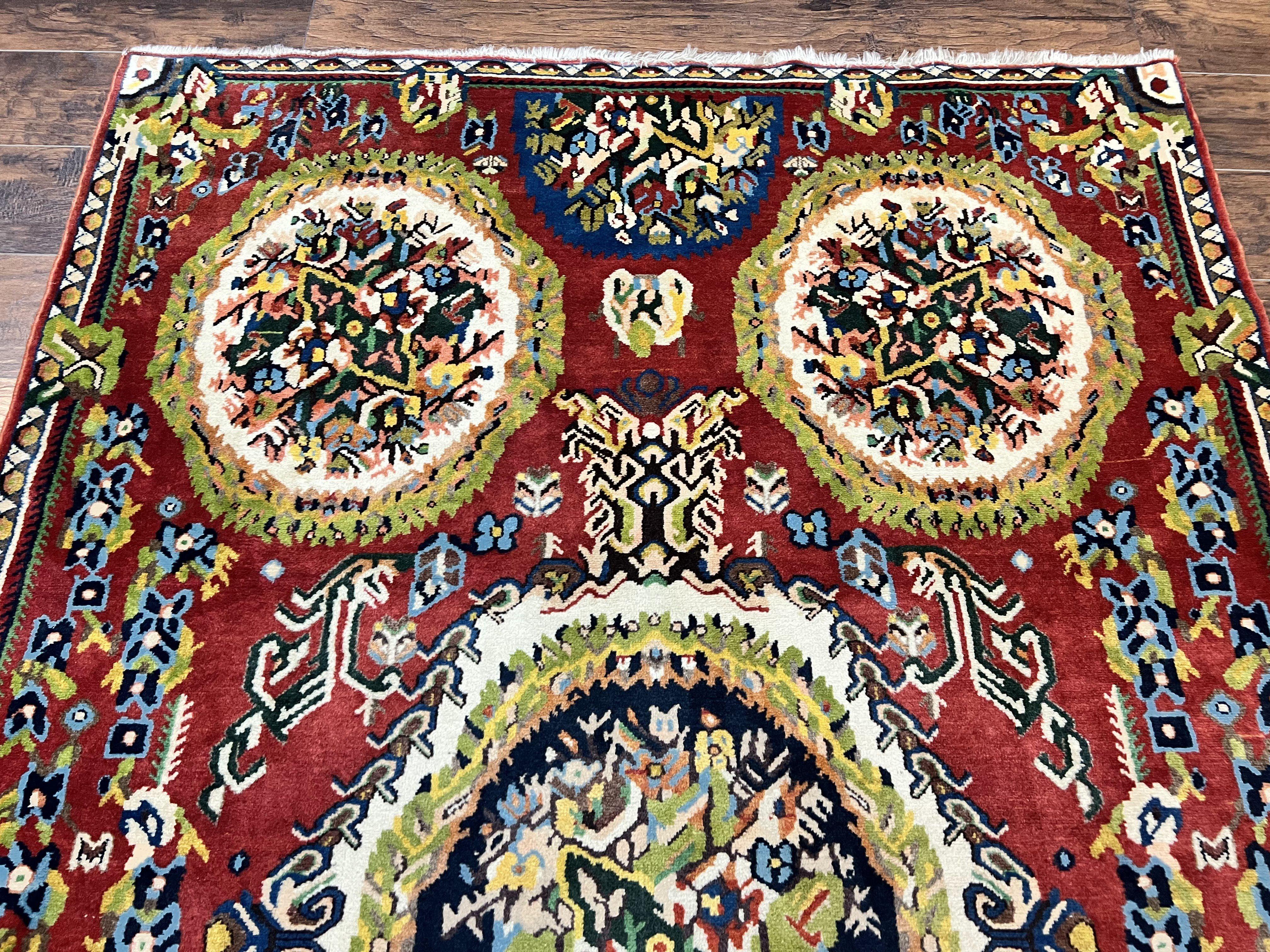 Persian Bakhtiari Rug 5x8, Wool Hand Knotted Antique Carpet, Red, Floral Oriental Rug, 5 x 8 Medium Sized Rug - Image 3