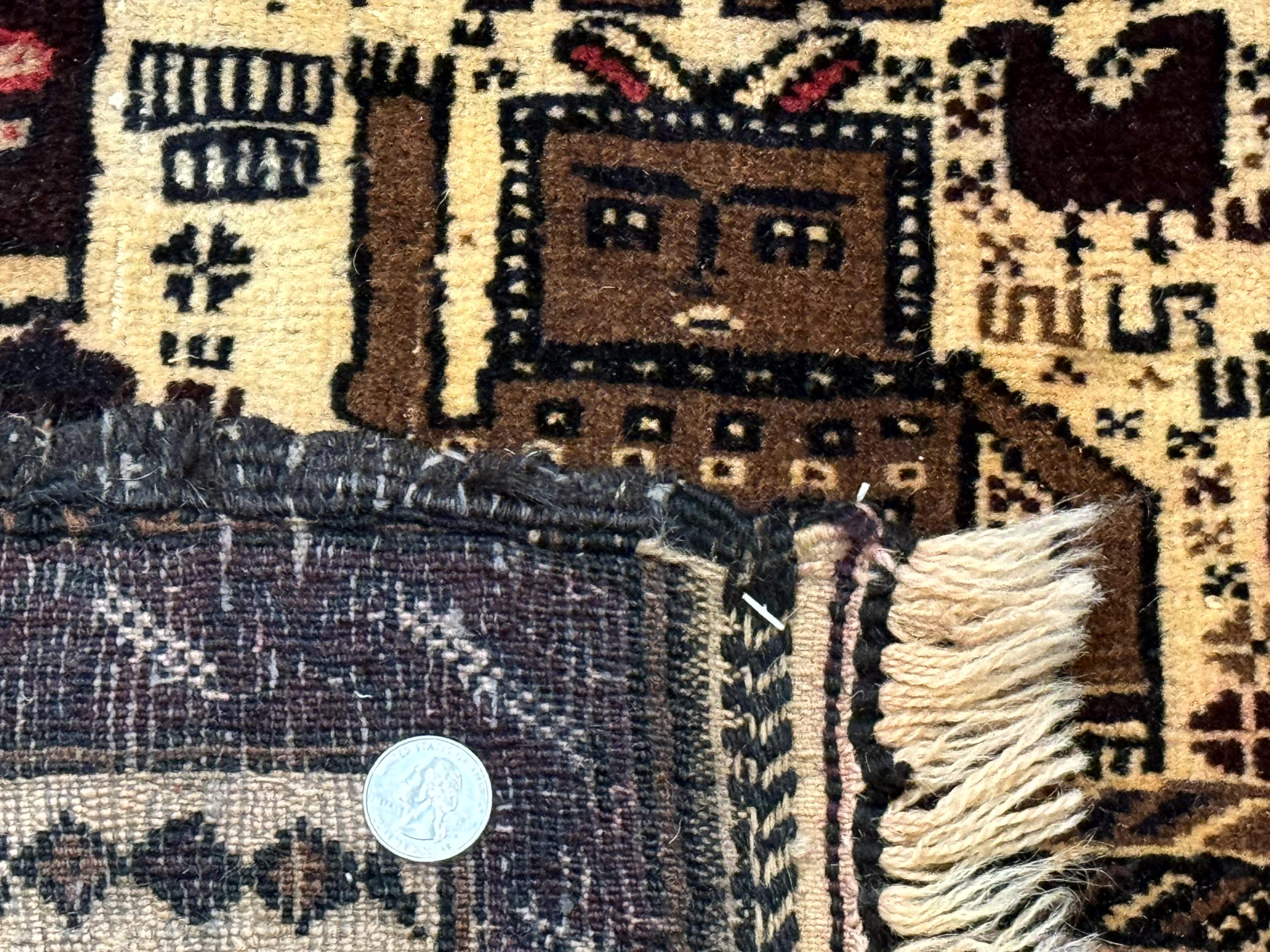 Persian Baluch Tribal Rug 4x6, Human and Bird Pictorials, Vintage, Wool, Collectible - Image 10