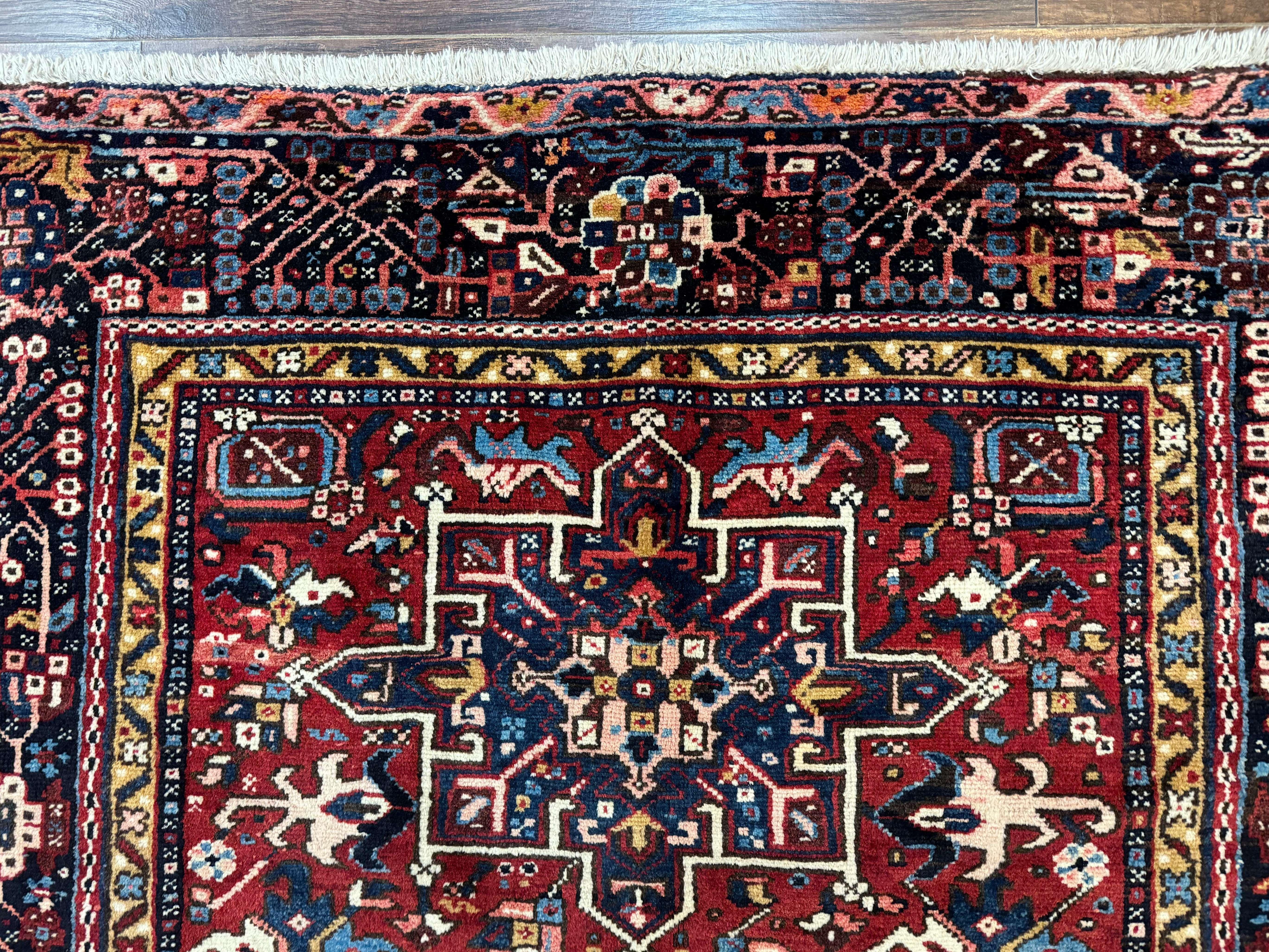 Persian Karajeh Rug 5x6, Antique Heriz Carpet, Geometric, Persian Tribal Rug, Brick Red Navy Blue - Image 3