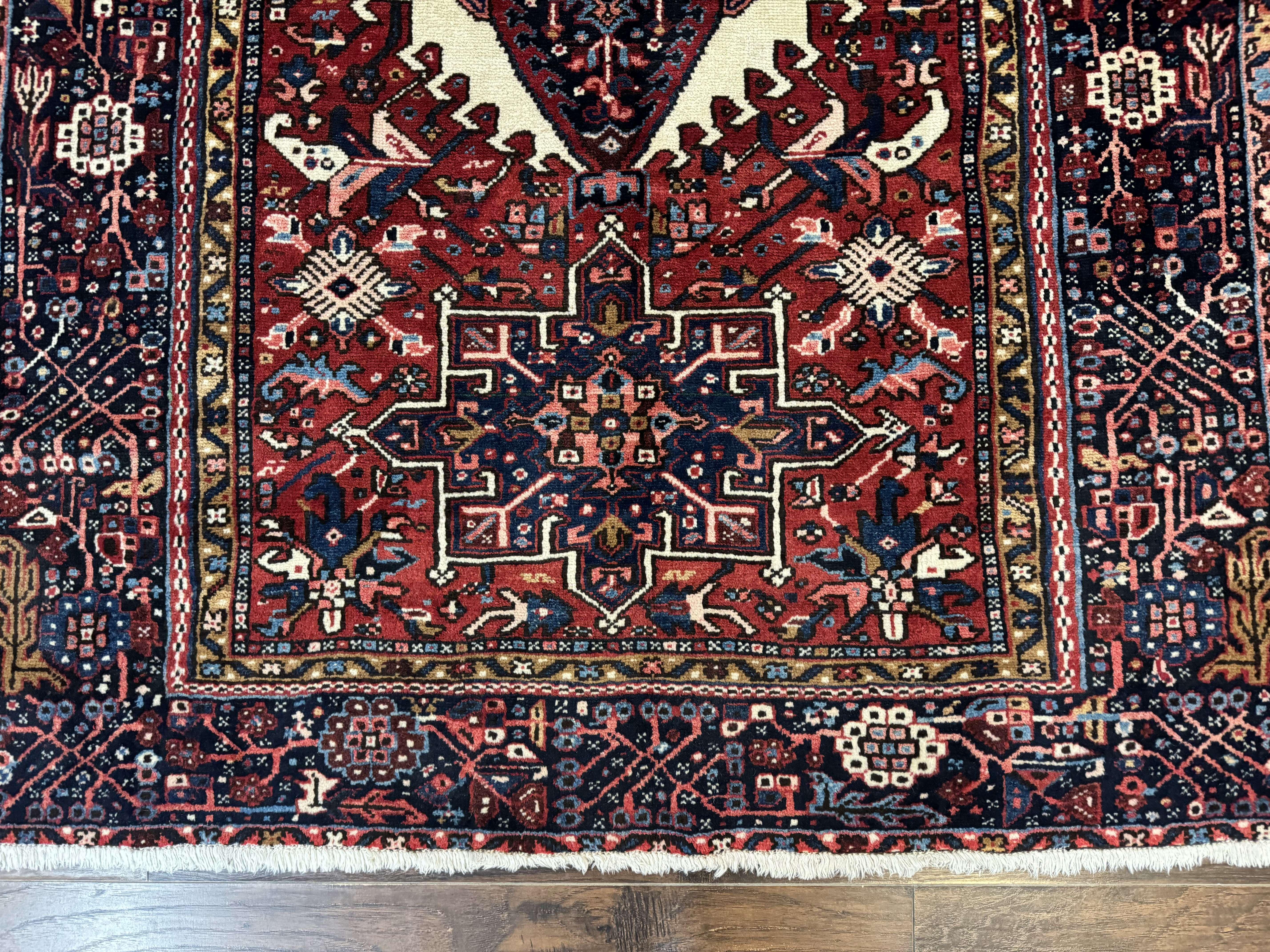 Persian Karajeh Rug 5x6, Antique Heriz Carpet, Geometric, Persian Tribal Rug, Brick Red Navy Blue - Image 5