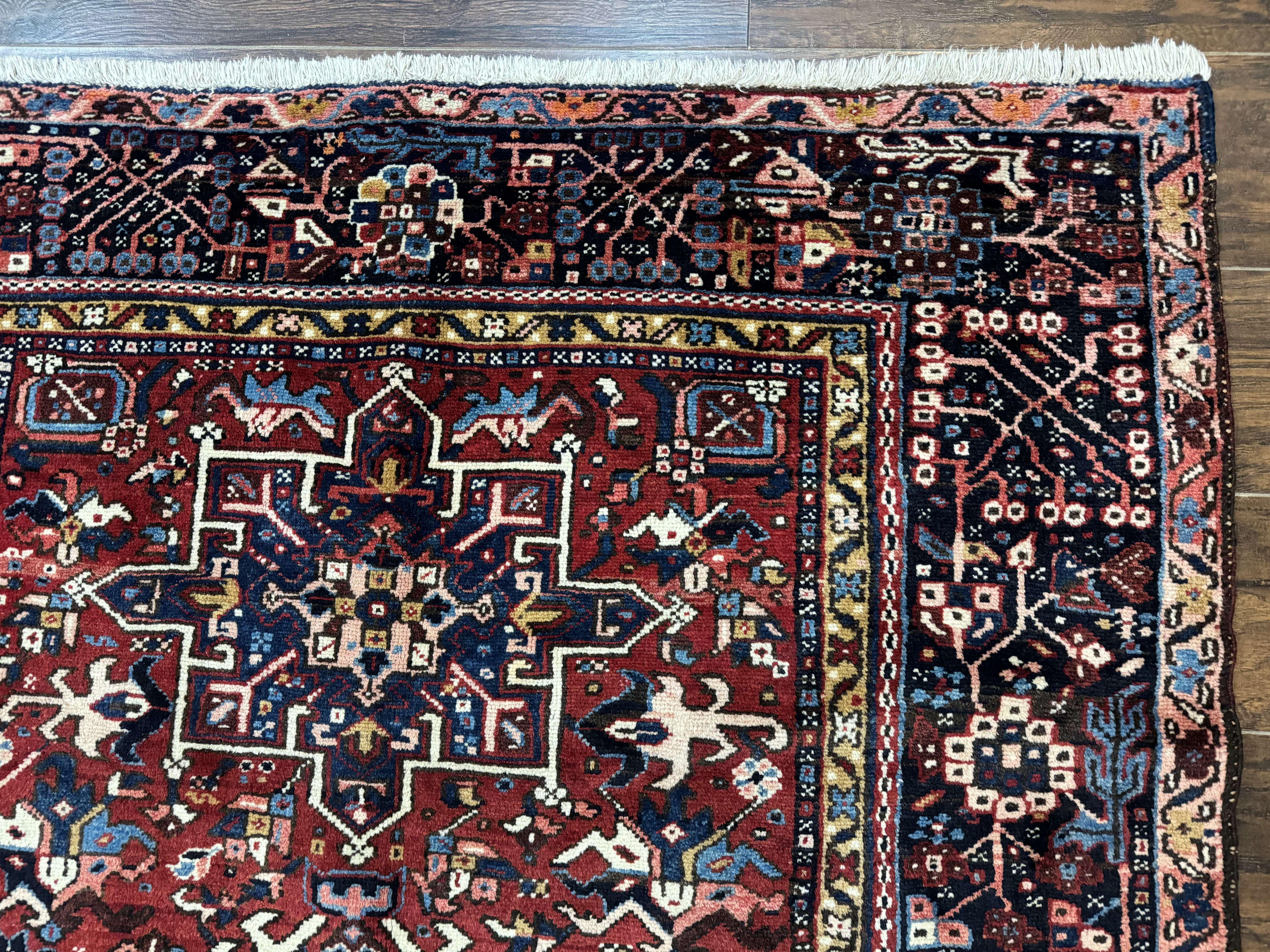 Persian Karajeh Rug 5x6, Antique Heriz Carpet, Geometric, Persian Tribal Rug, Brick Red Navy Blue - Image 7
