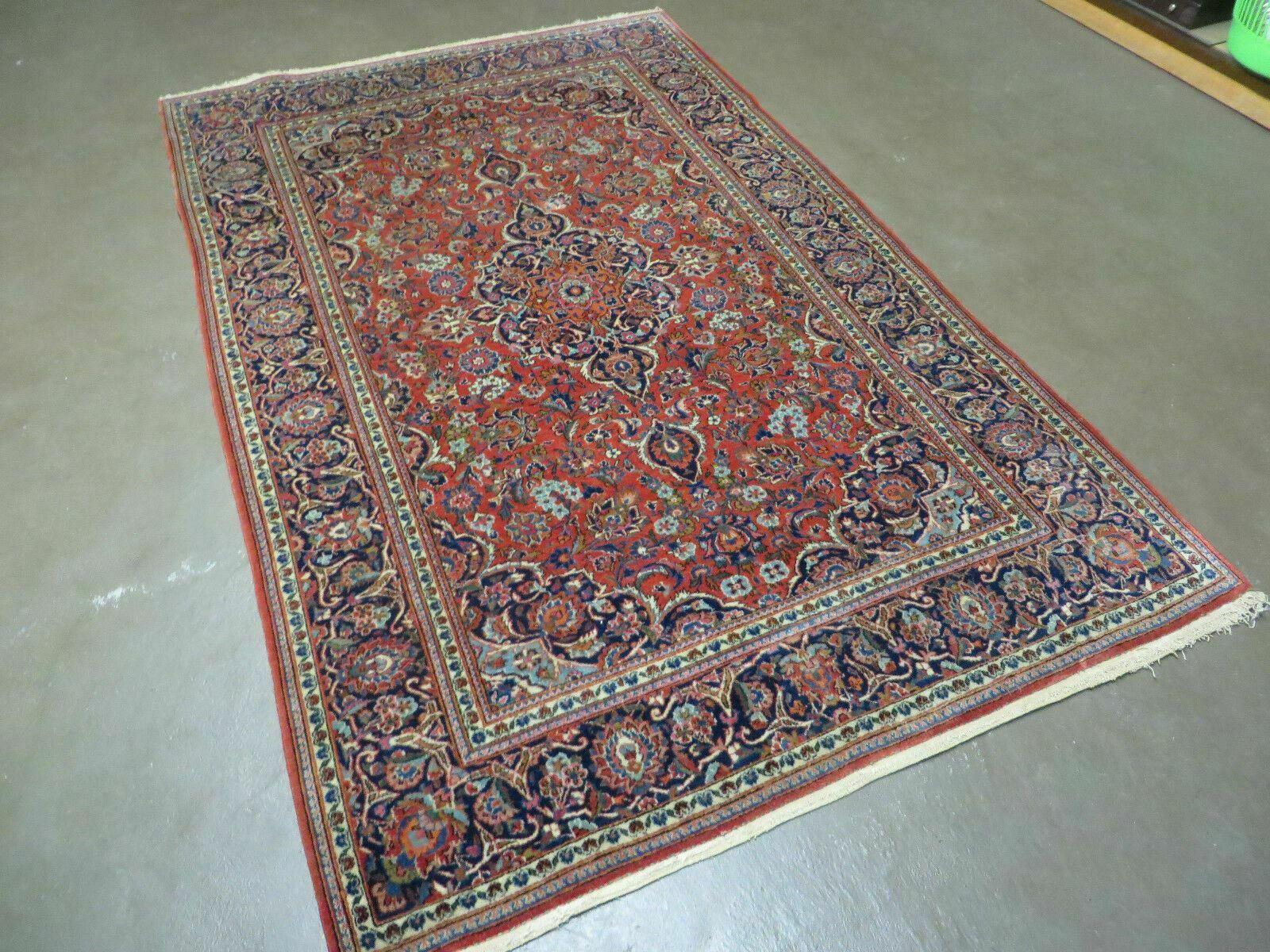 Persian Kashan Rug 4x7, Red and Navy Blue Semi Antique Vintage Wool Oriental Carpet, Hand Knotted Rug, Floral Medallion, High Quality Fine Carpet - Image 2