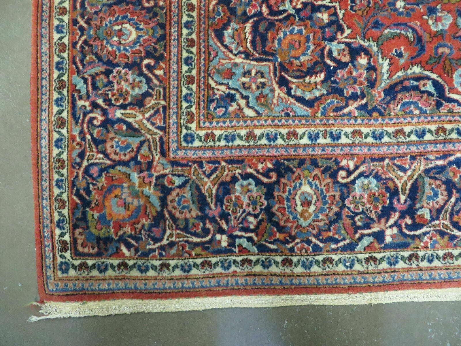 Persian Kashan Rug 4x7, Red and Navy Blue Semi Antique Vintage Wool Oriental Carpet, Hand Knotted Rug, Floral Medallion, High Quality Fine Carpet - Image 8