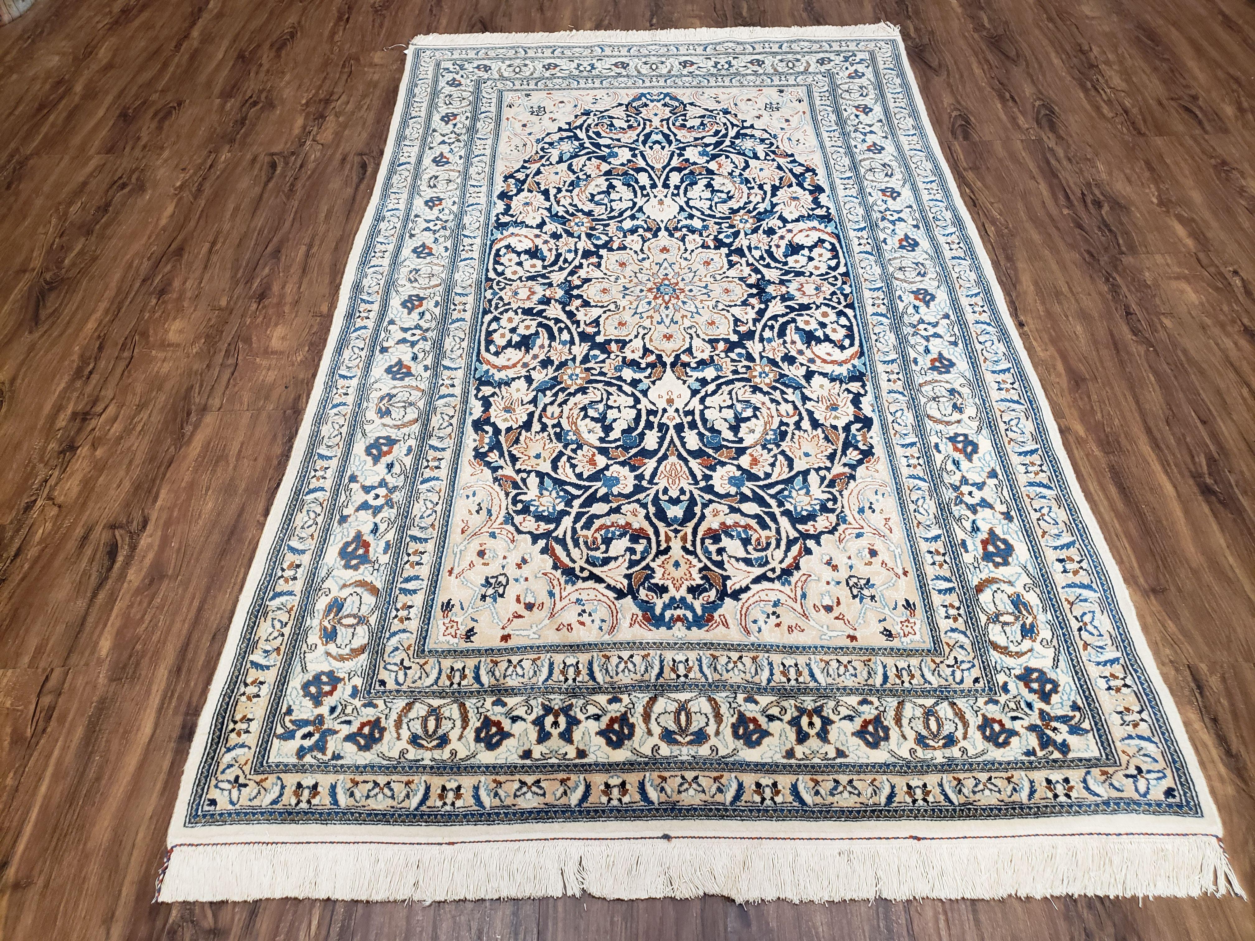 Persian Nain Rug 4x6, Ivory and Blue, Hand-Knotted, Wool & Silk - Image 11
