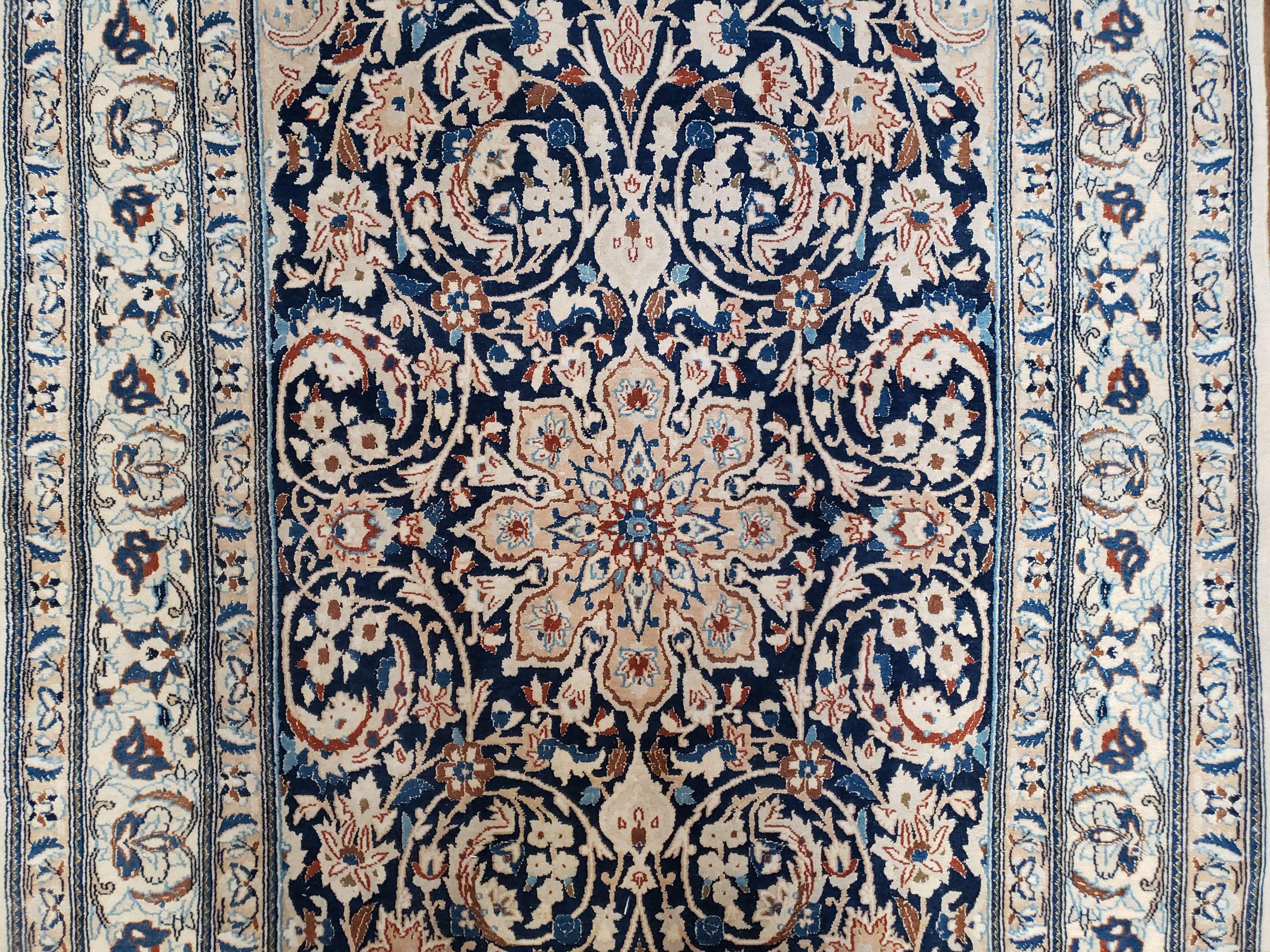 Persian Nain Rug 4x6, Ivory and Blue, Hand-Knotted, Wool & Silk - Image 12
