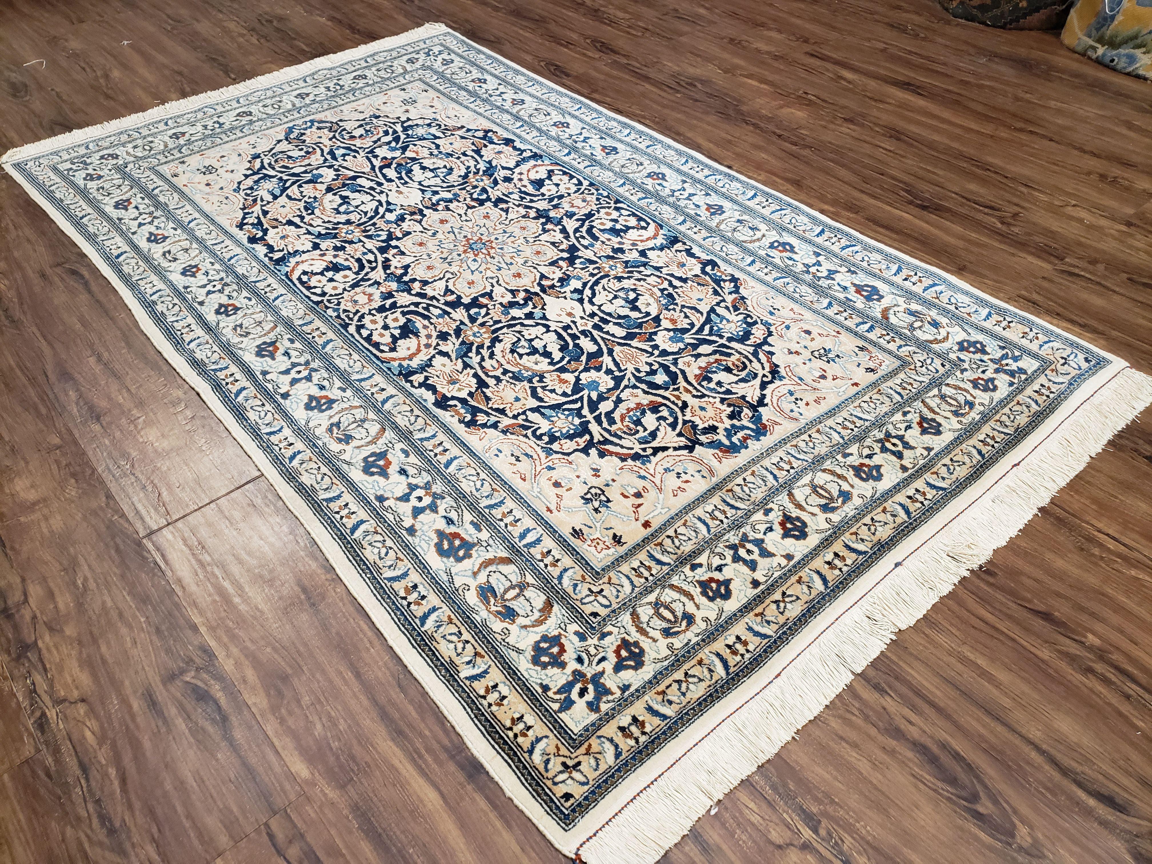 Persian Nain Rug 4x6, Ivory and Blue, Hand-Knotted, Wool & Silk - Image 2