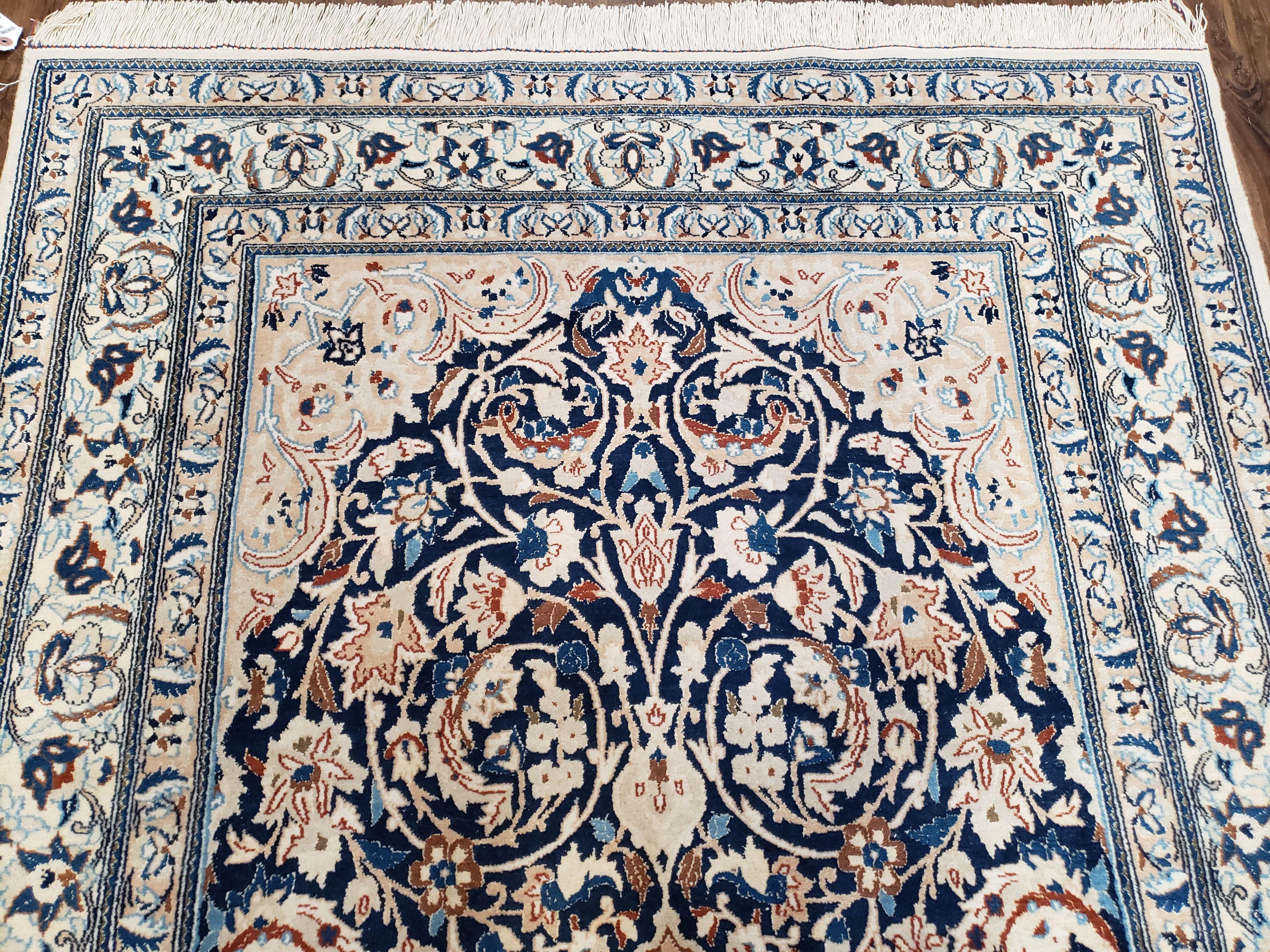 Persian Nain Rug 4x6, Ivory and Blue, Hand-Knotted, Wool & Silk - Image 3