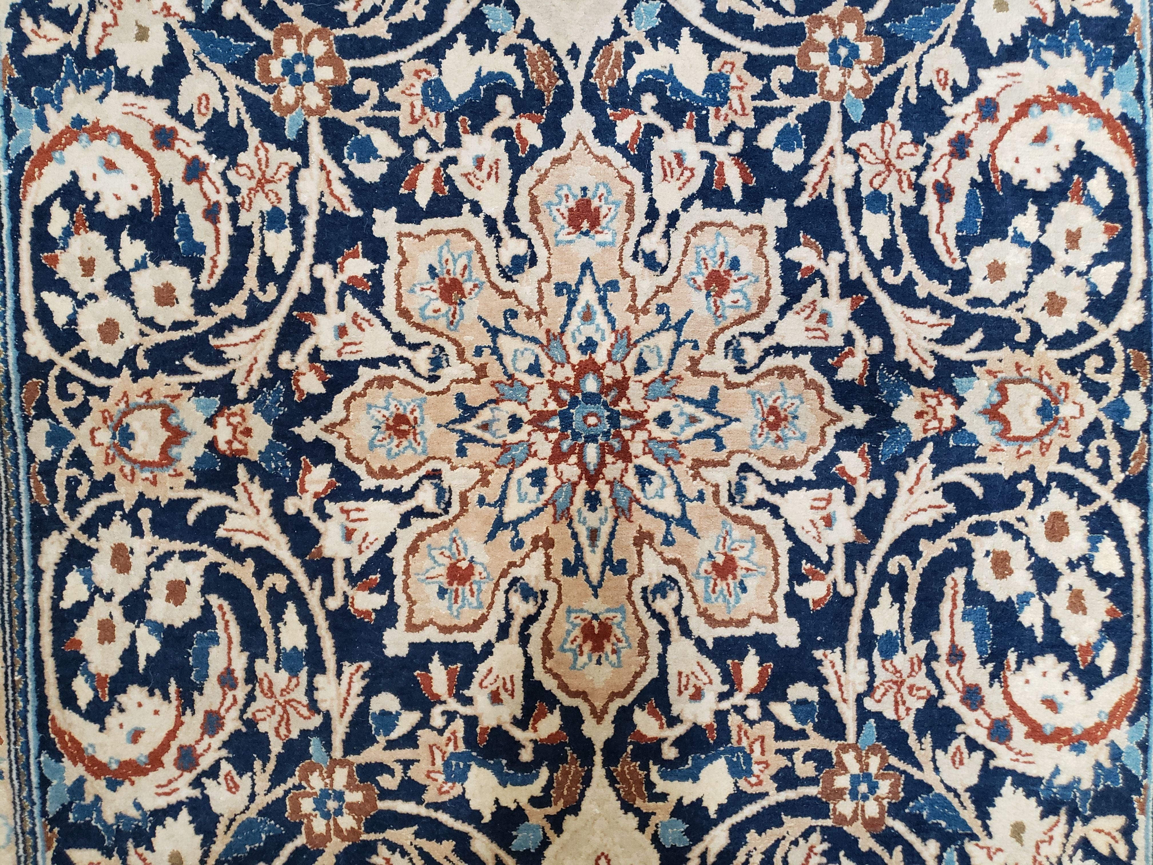 Persian Nain Rug 4x6, Ivory and Blue, Hand-Knotted, Wool & Silk - Image 4