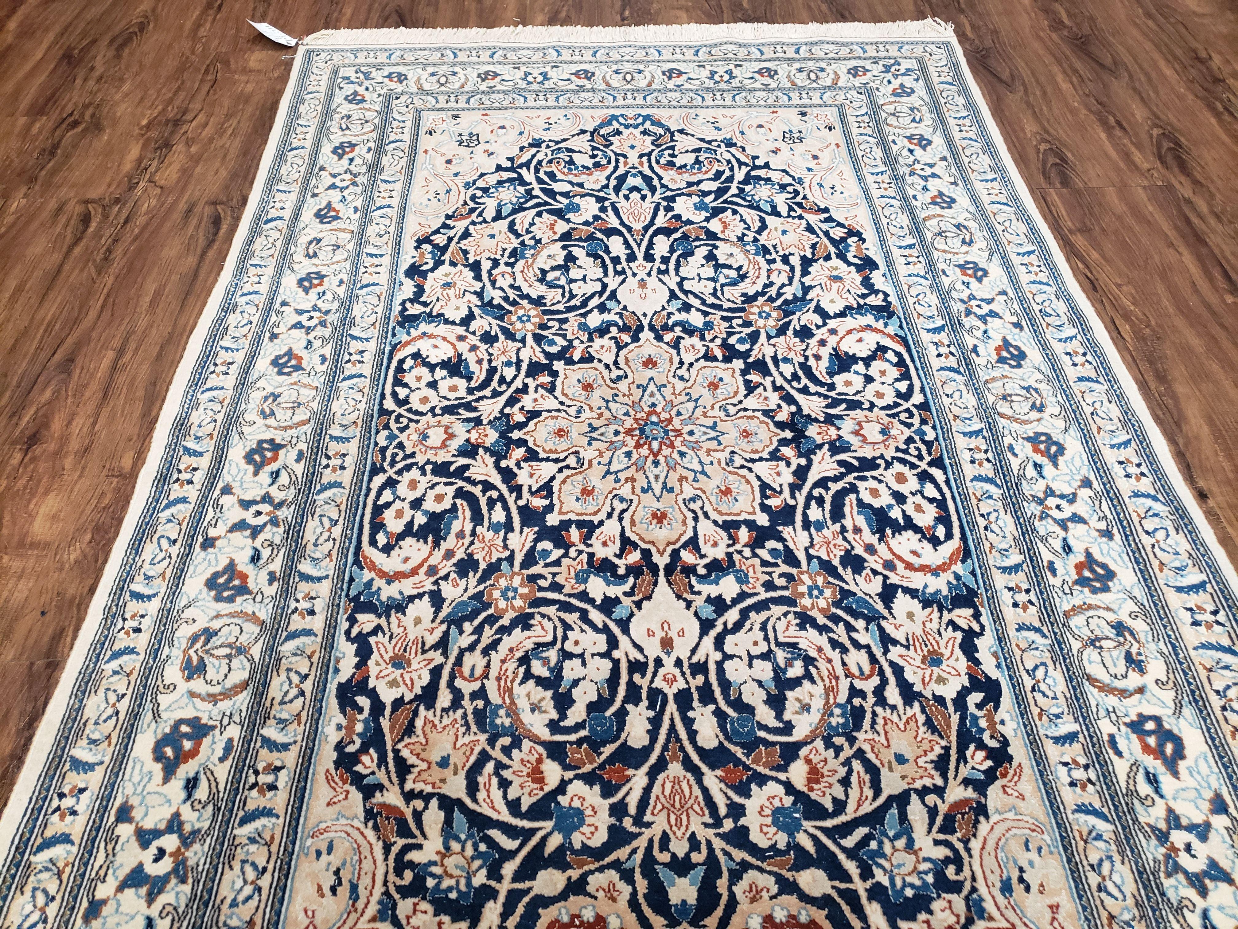 Persian Nain Rug 4x6, Ivory and Blue, Hand-Knotted, Wool & Silk - Image 5