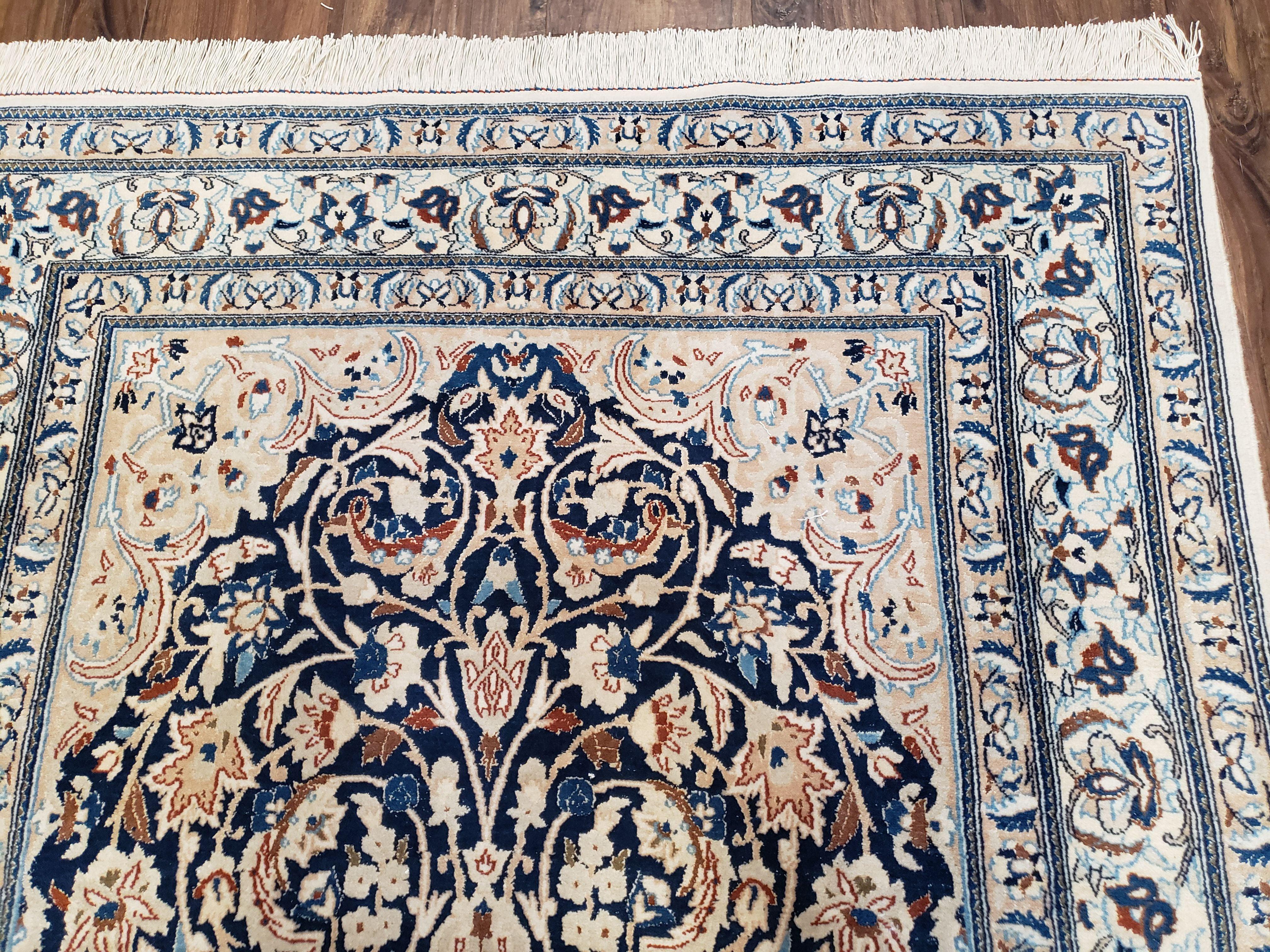 Persian Nain Rug 4x6, Ivory and Blue, Hand-Knotted, Wool & Silk - Image 7