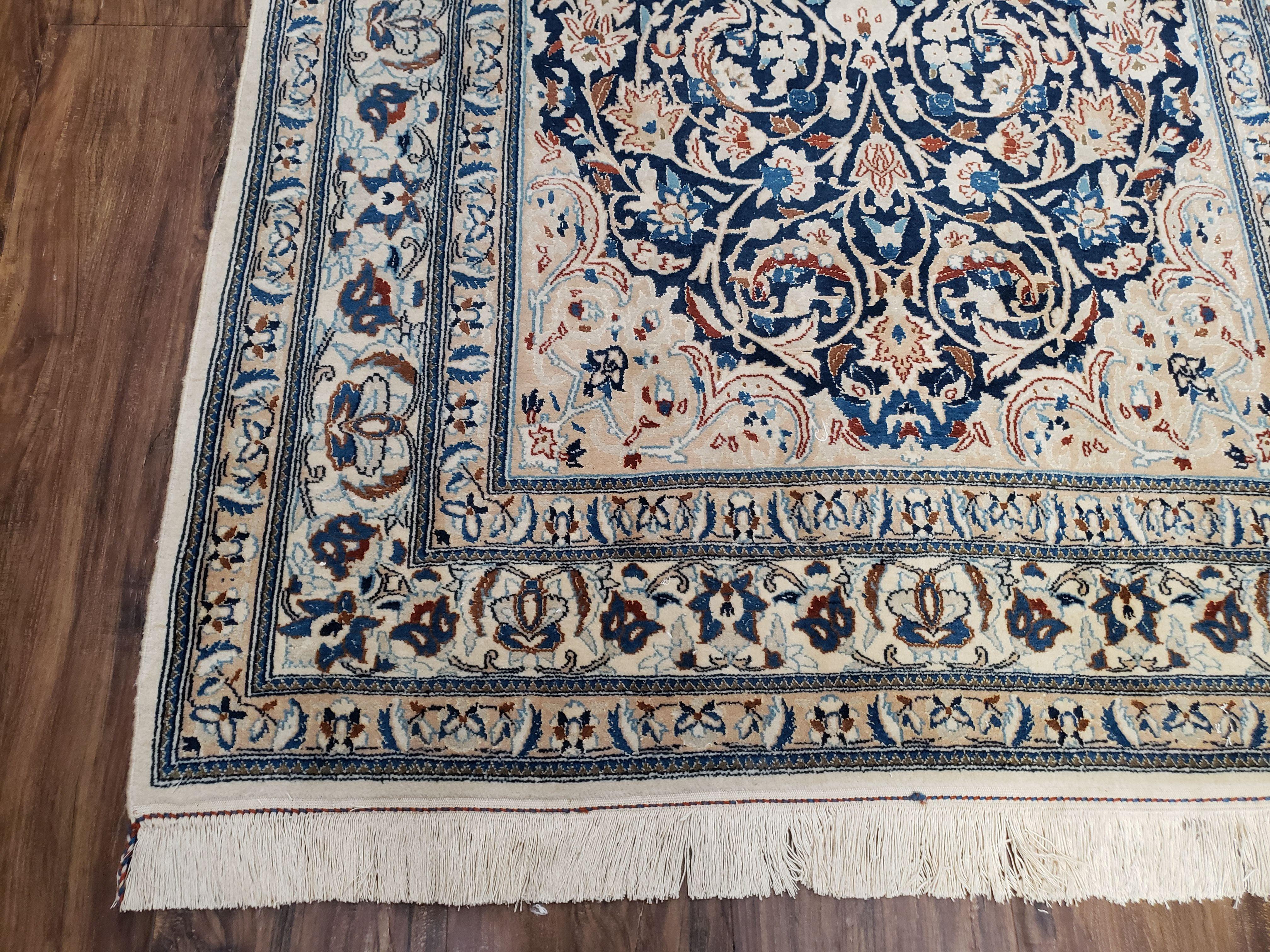 Persian Nain Rug 4x6, Ivory and Blue, Hand-Knotted, Wool & Silk - Image 8