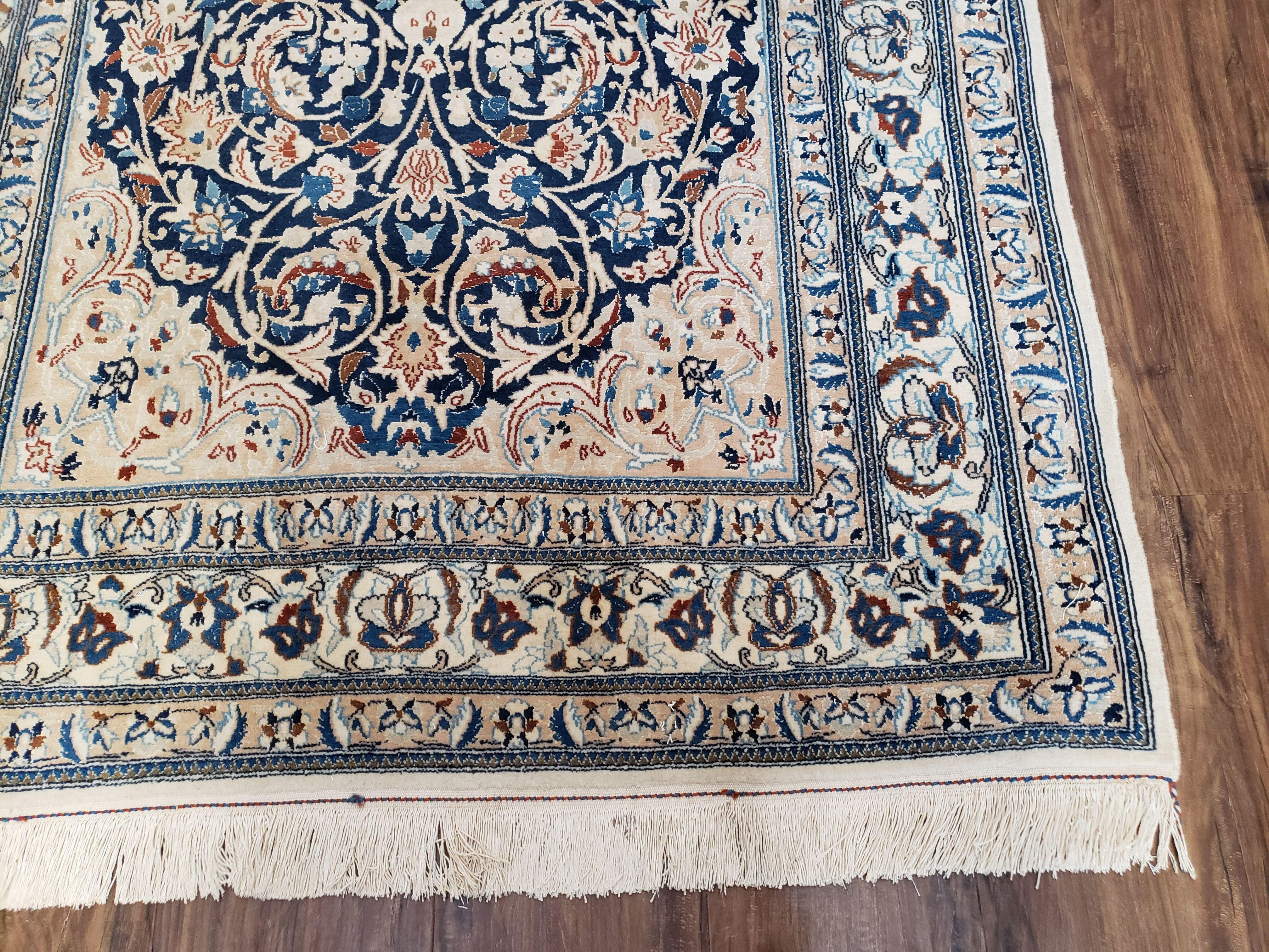 Persian Nain Rug 4x6, Ivory and Blue, Hand-Knotted, Wool & Silk - Image 9
