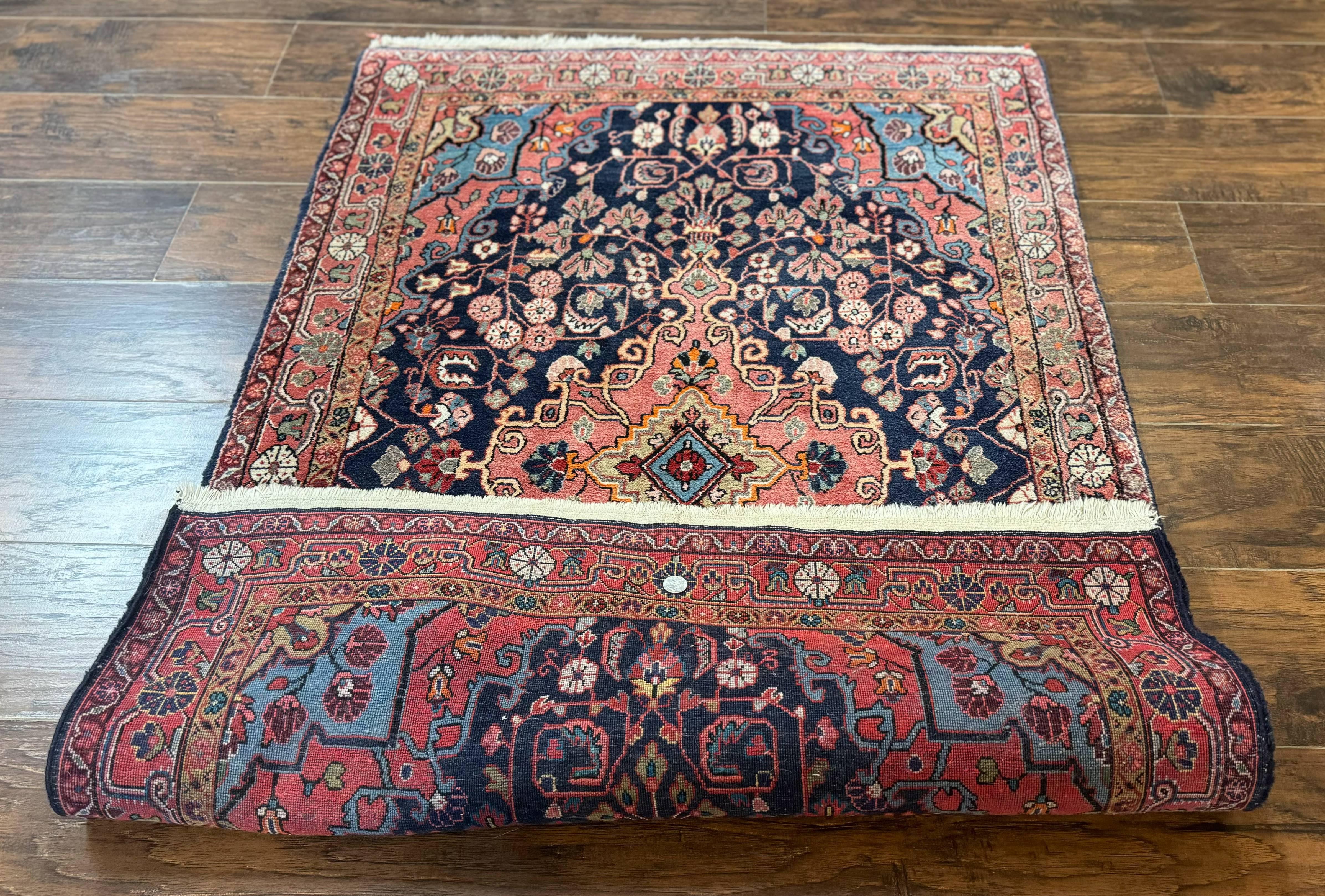 Persian Rug 3x5, Jozan Sarouk Rug, Navy Blue and Coral, Medallion Rug, Semi Antique - Image 11