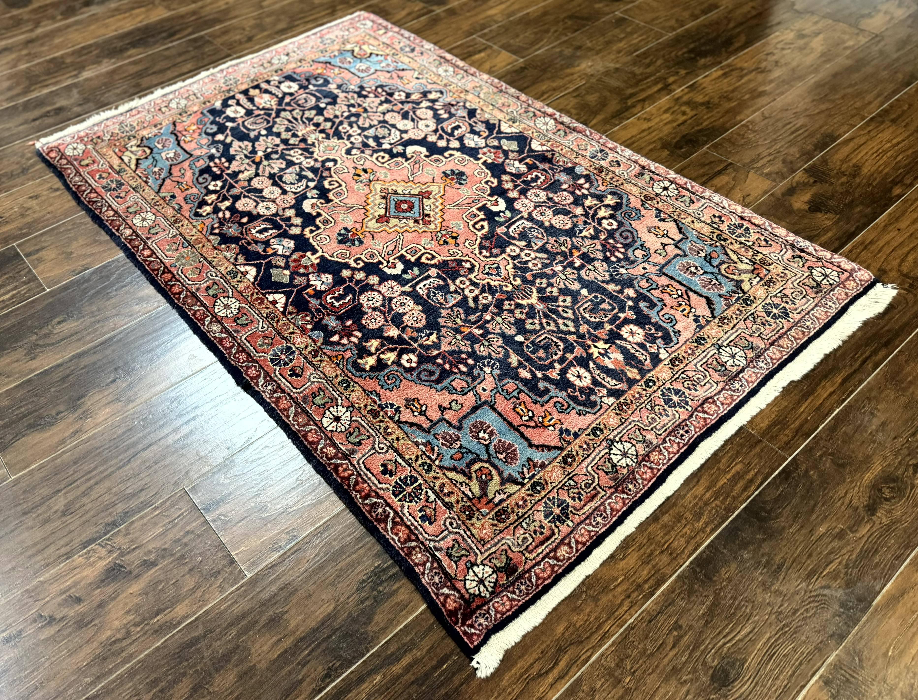 Persian Rug 3x5, Jozan Sarouk Rug, Navy Blue and Coral, Medallion Rug, Semi Antique - Image 12