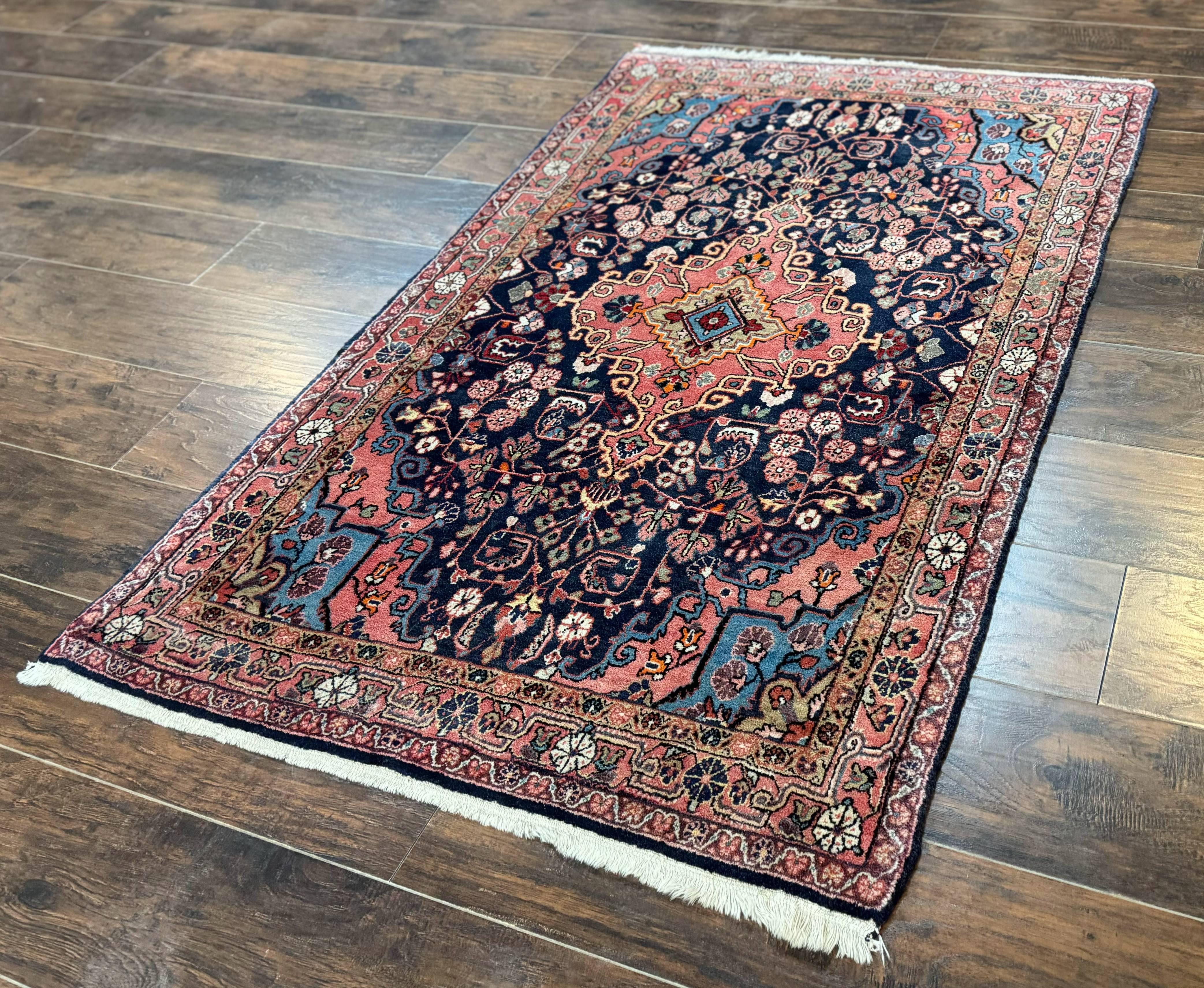 Persian Rug 3x5, Jozan Sarouk Rug, Navy Blue and Coral, Medallion Rug, Semi Antique - Image 2