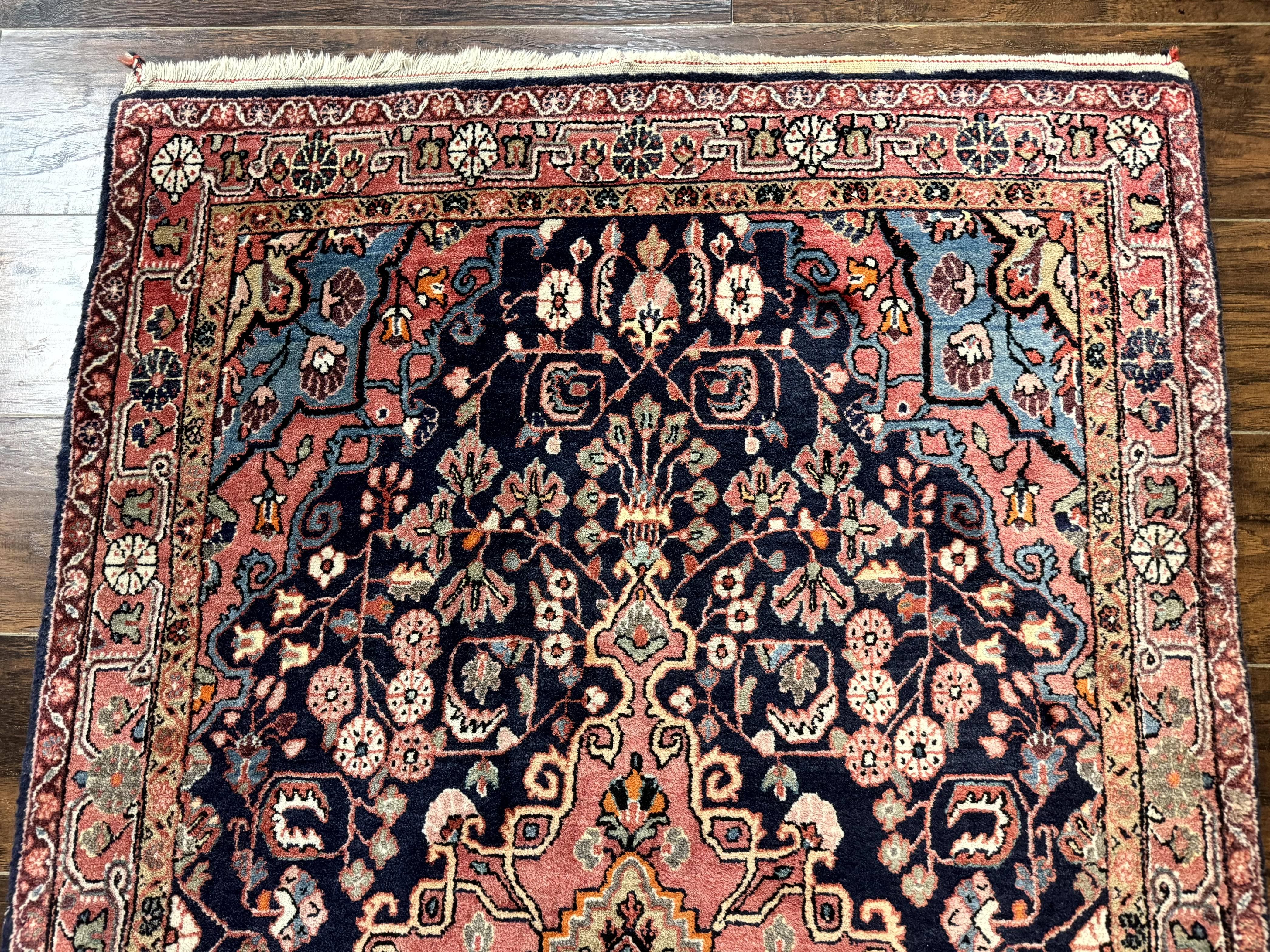 Persian Rug 3x5, Jozan Sarouk Rug, Navy Blue and Coral, Medallion Rug, Semi Antique - Image 3