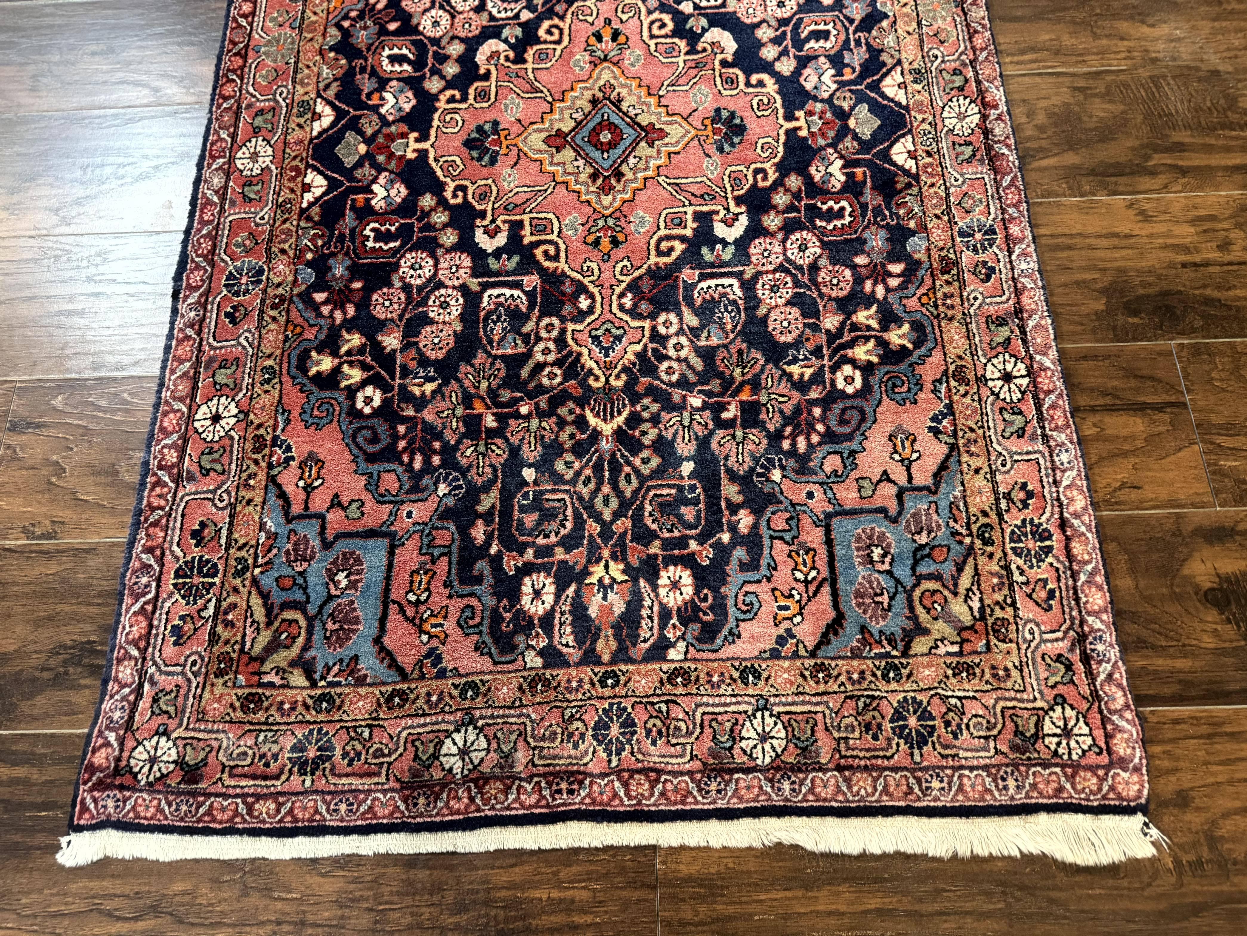 Persian Rug 3x5, Jozan Sarouk Rug, Navy Blue and Coral, Medallion Rug, Semi Antique - Image 5