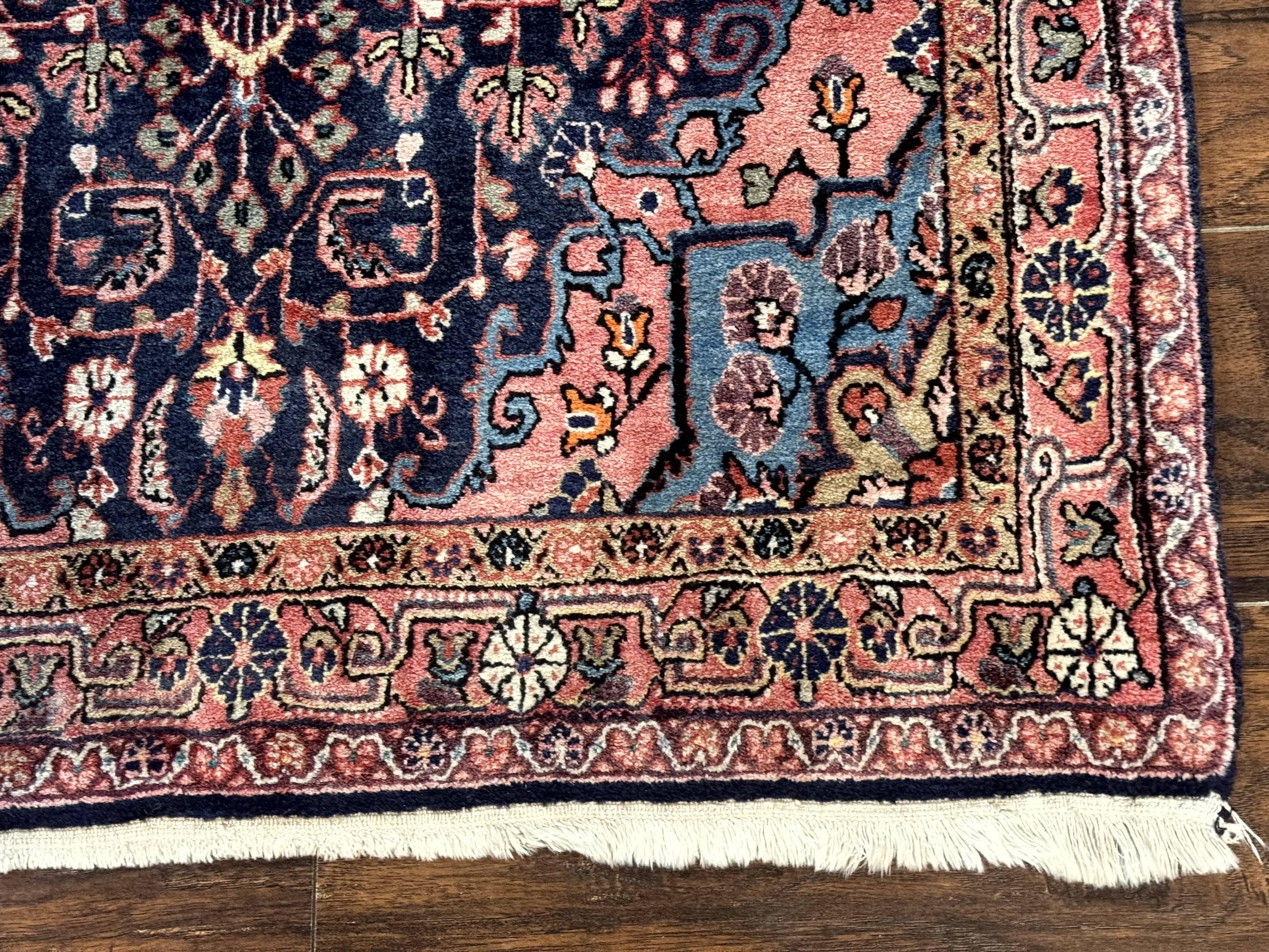 Persian Rug 3x5, Jozan Sarouk Rug, Navy Blue and Coral, Medallion Rug, Semi Antique - Image 9