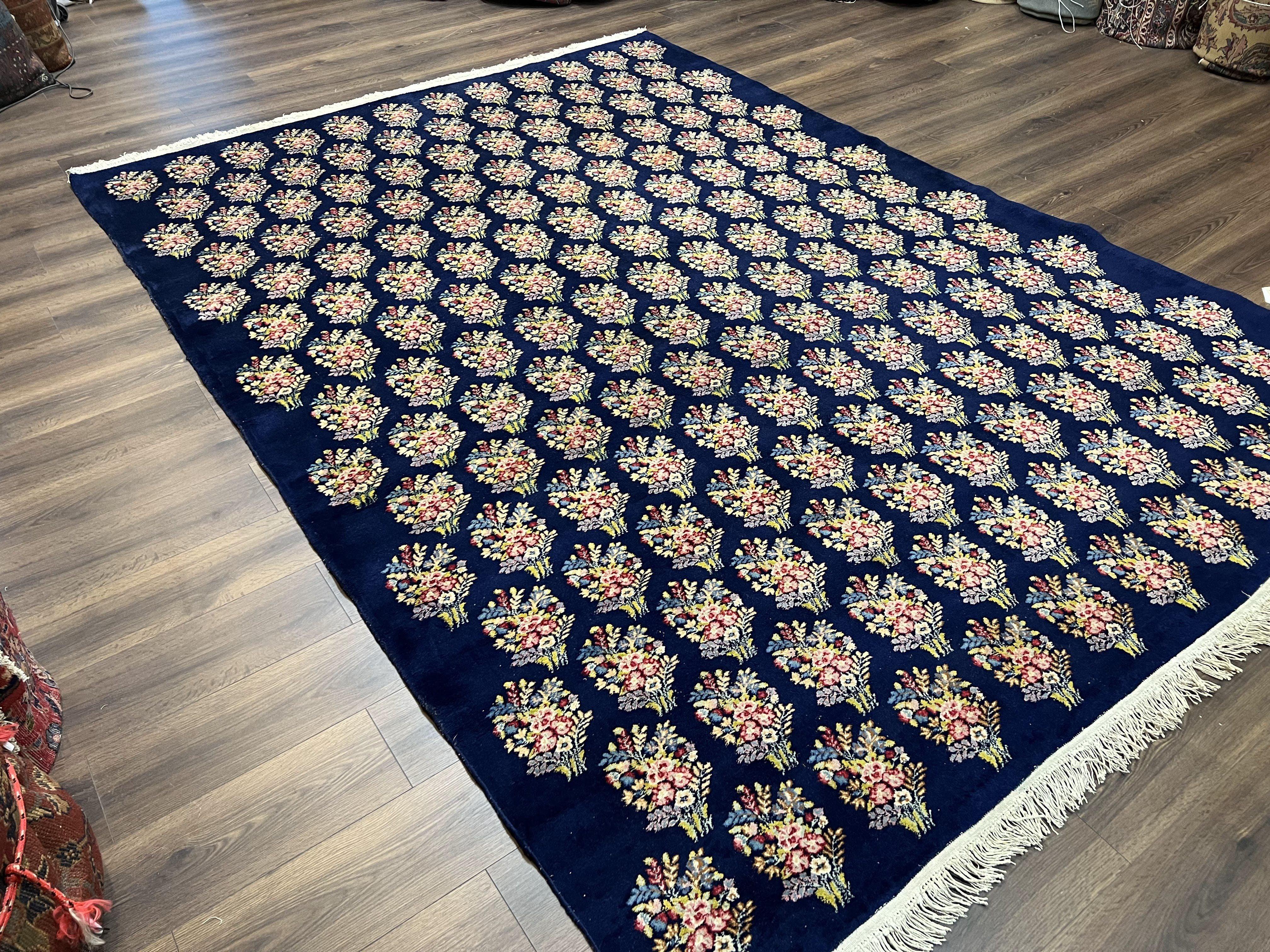 Persian Rug 9x12, Authentic Hand Knotted Carpet, Repeated Floral Motif Garden of Eden, Navy Blue Wool Rug 9 x 12, Semi Antique Kirman Rug - Image 12