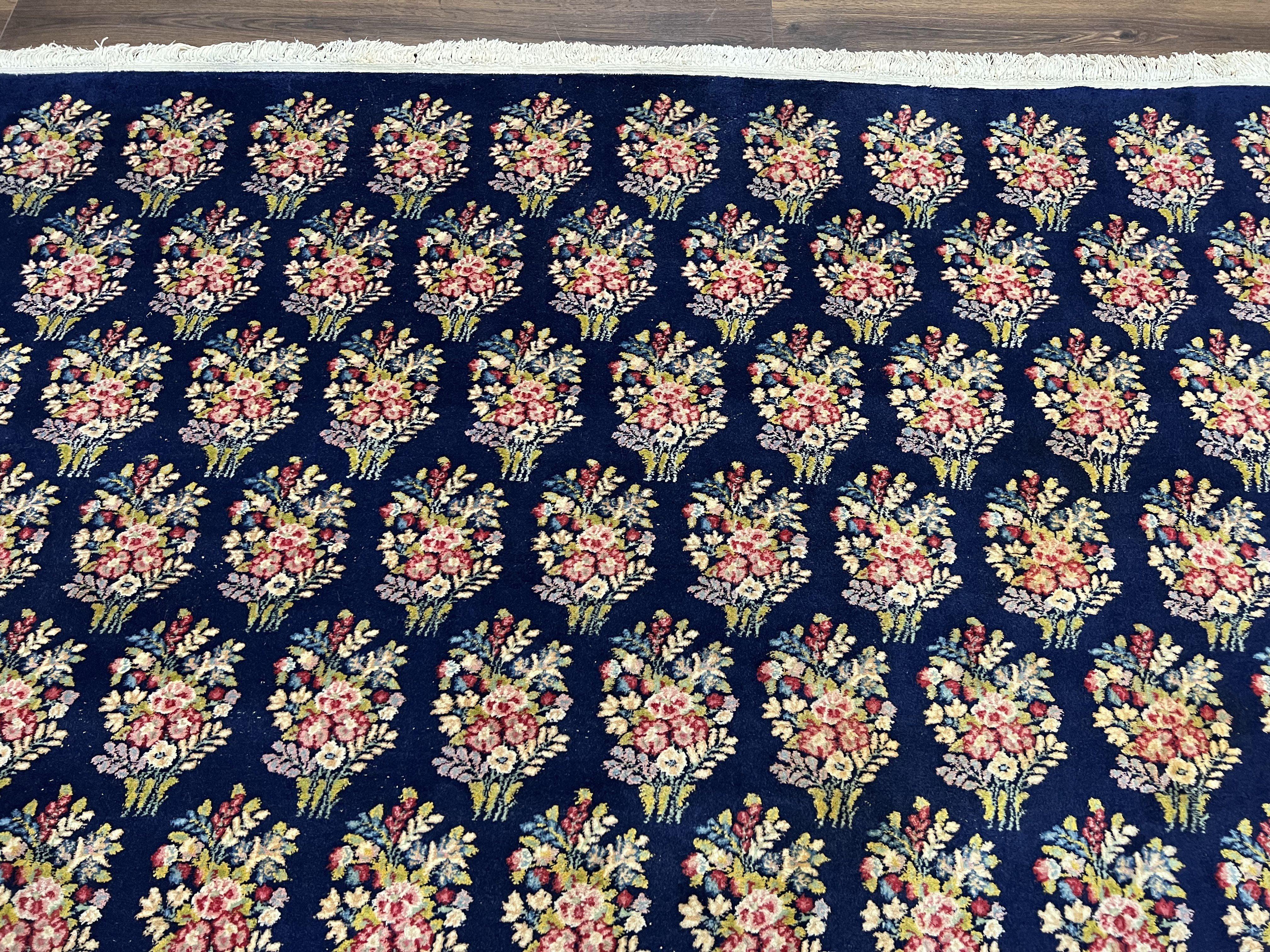 Persian Rug 9x12, Authentic Hand Knotted Carpet, Repeated Floral Motif Garden of Eden, Navy Blue Wool Rug 9 x 12, Semi Antique Kirman Rug - Image 3