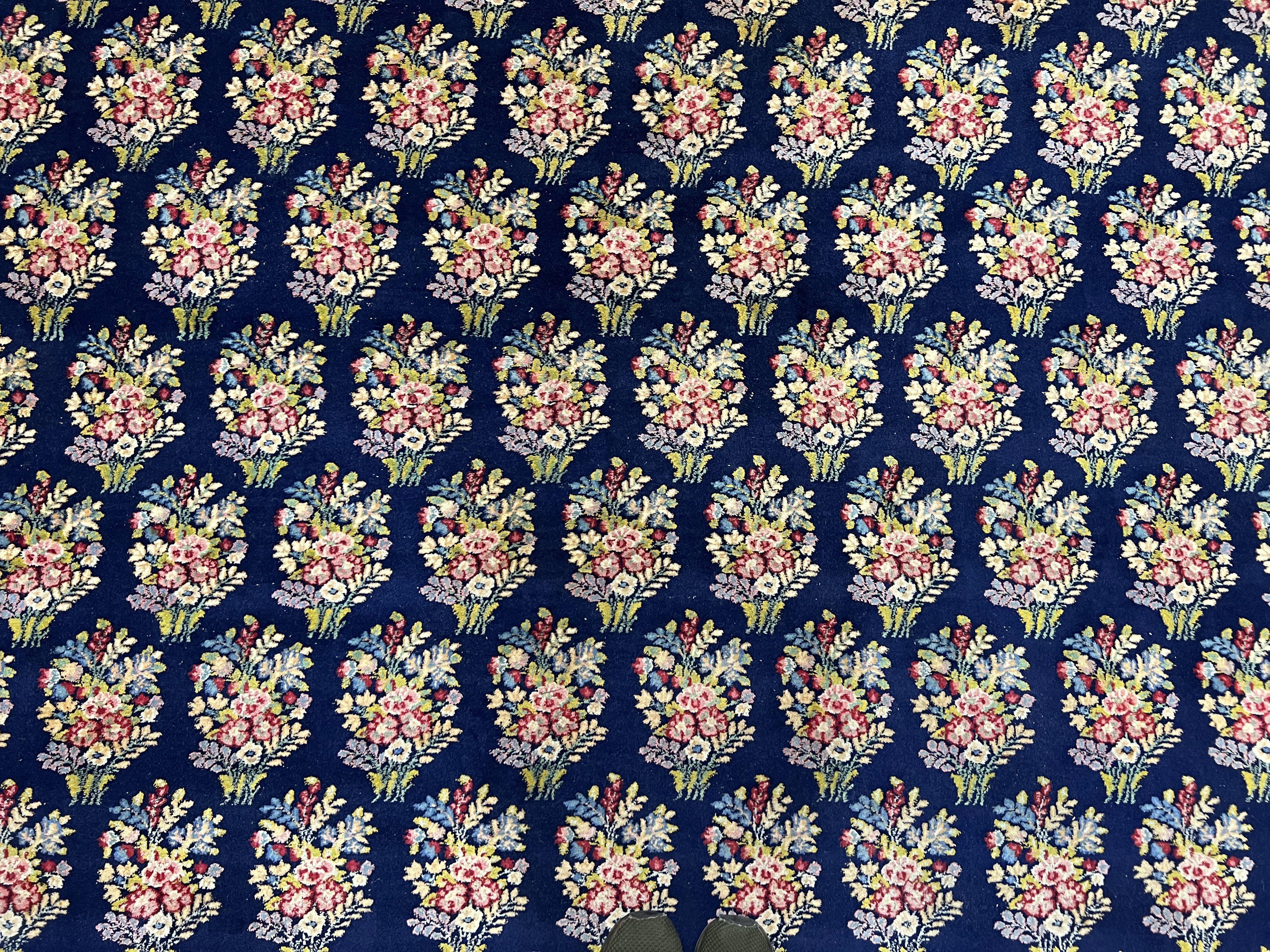 Persian Rug 9x12, Authentic Hand Knotted Carpet, Repeated Floral Motif Garden of Eden, Navy Blue Wool Rug 9 x 12, Semi Antique Kirman Rug - Image 4