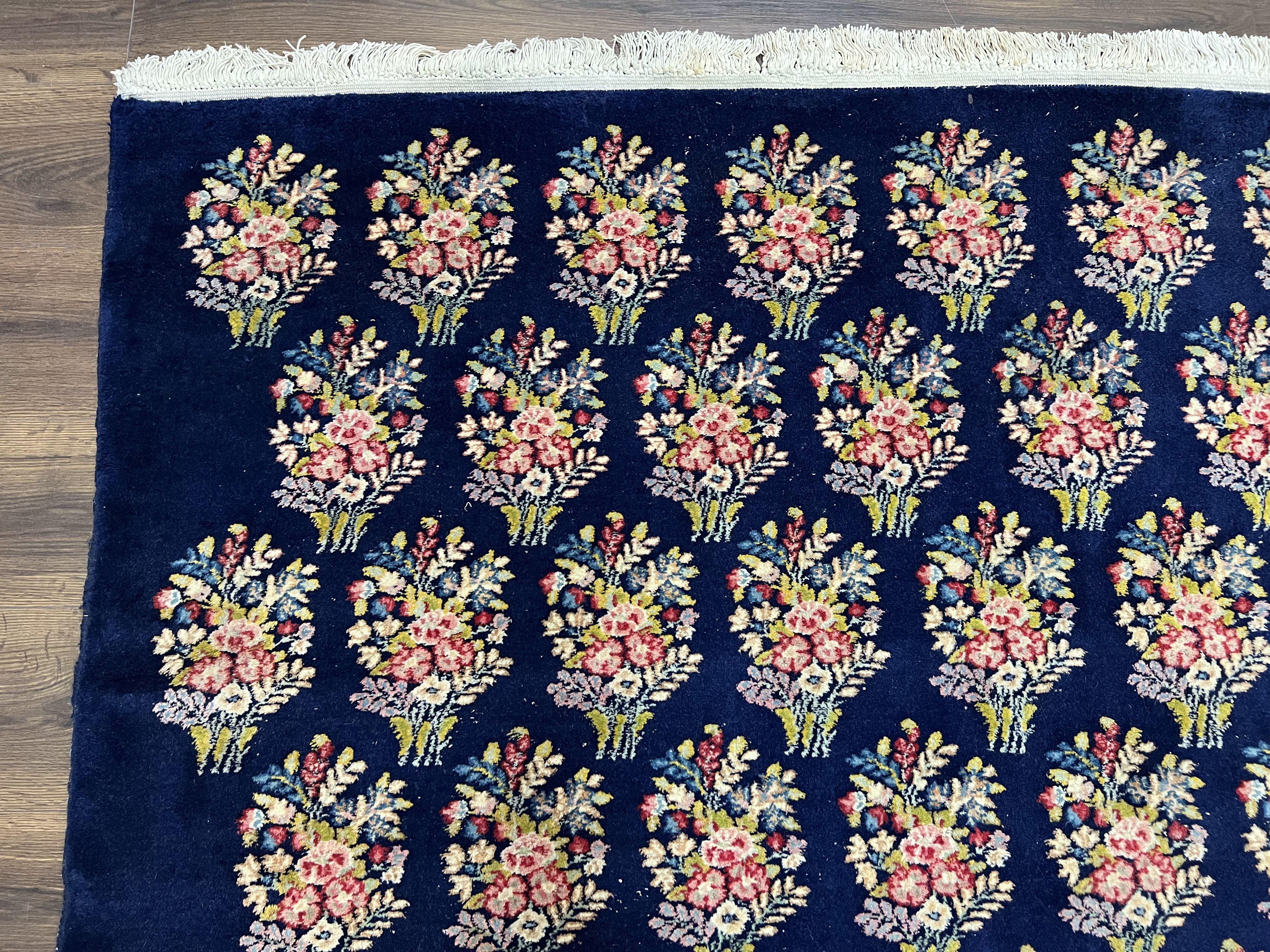 Persian Rug 9x12, Authentic Hand Knotted Carpet, Repeated Floral Motif Garden of Eden, Navy Blue Wool Rug 9 x 12, Semi Antique Kirman Rug - Image 6