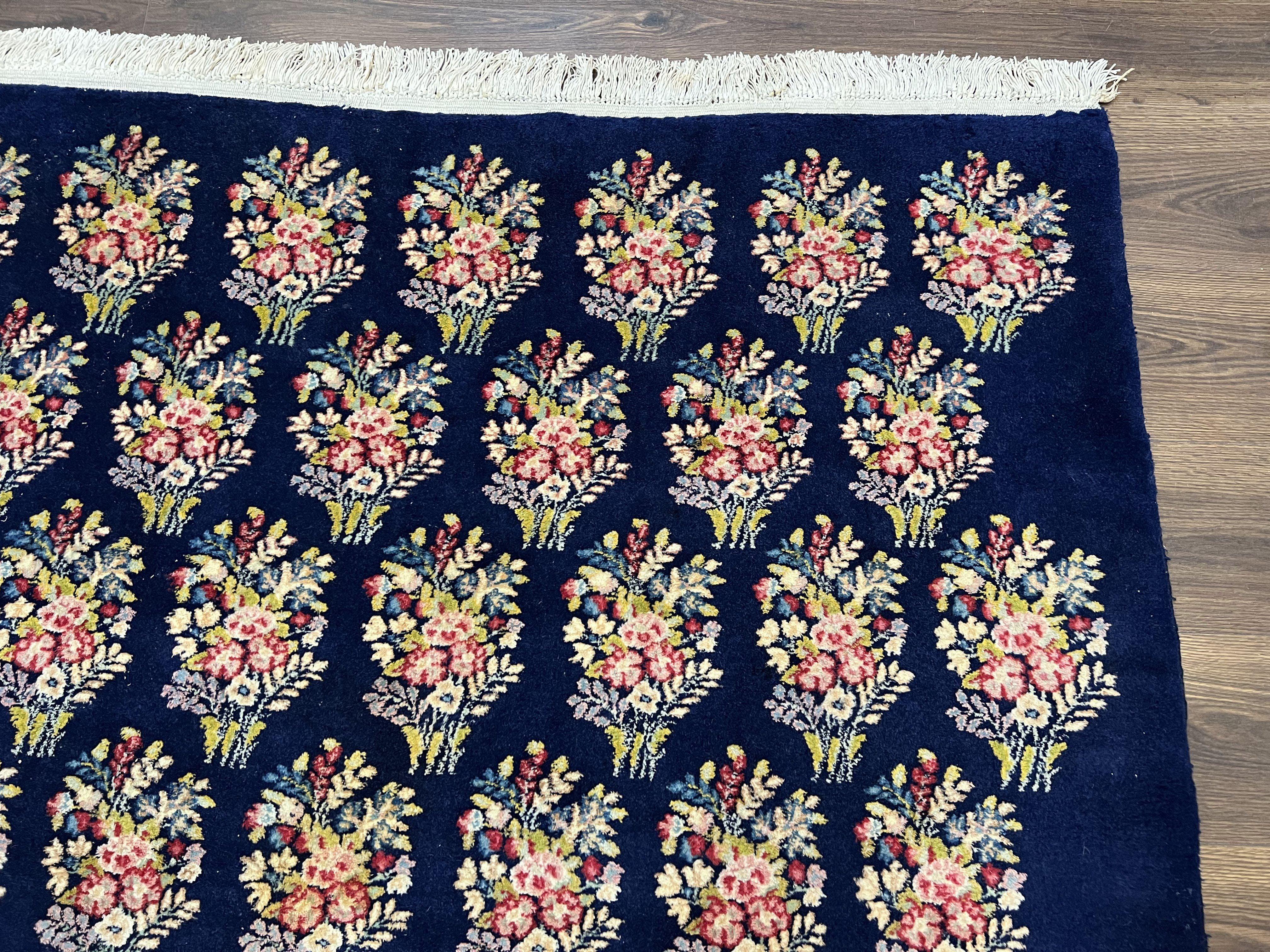 Persian Rug 9x12, Authentic Hand Knotted Carpet, Repeated Floral Motif Garden of Eden, Navy Blue Wool Rug 9 x 12, Semi Antique Kirman Rug - Image 7