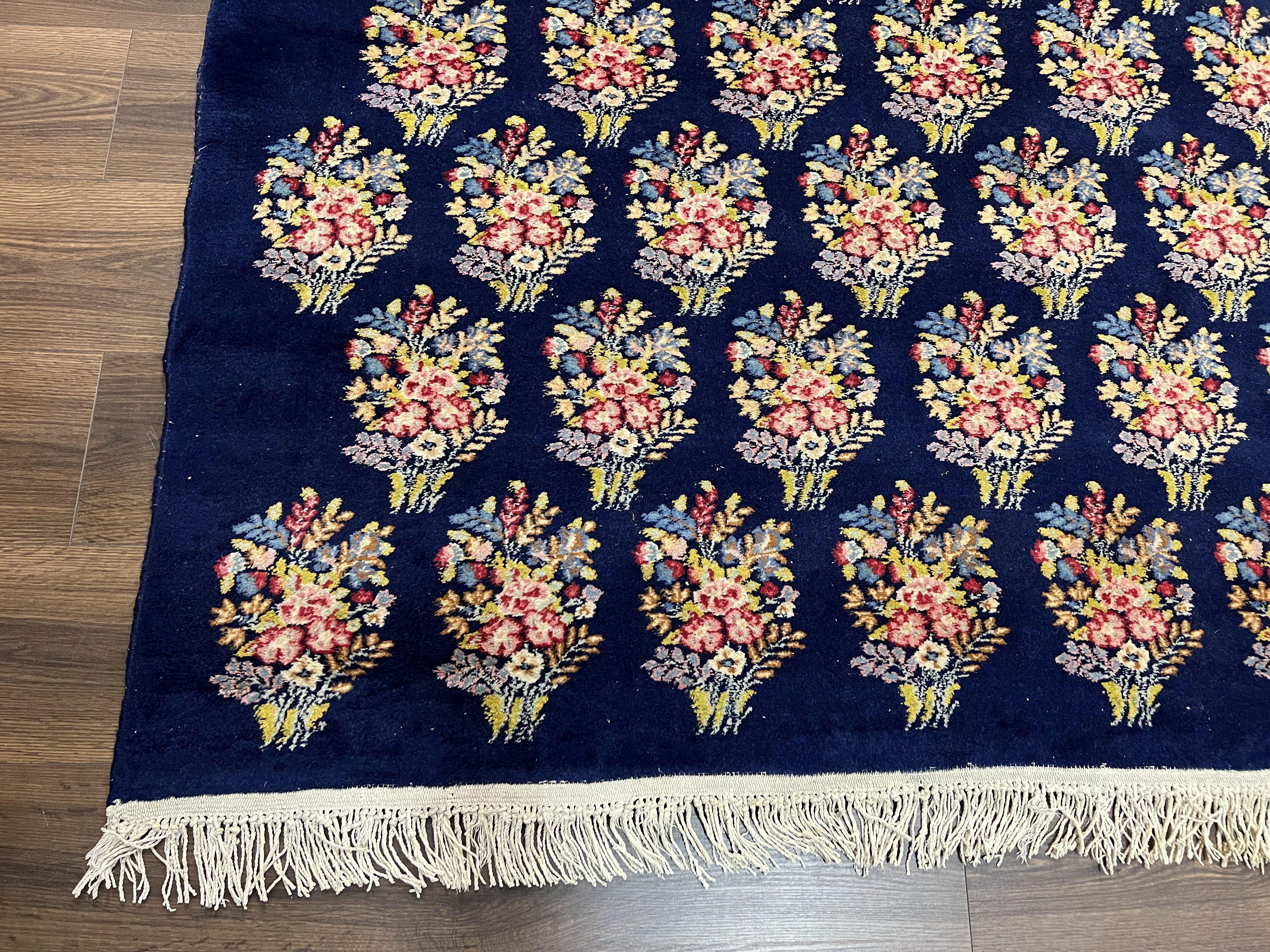 Persian Rug 9x12, Authentic Hand Knotted Carpet, Repeated Floral Motif Garden of Eden, Navy Blue Wool Rug 9 x 12, Semi Antique Kirman Rug - Image 8