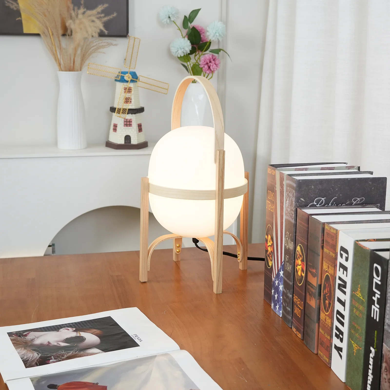 Portable Wood Lantern Glass Table Lamp - Image 5