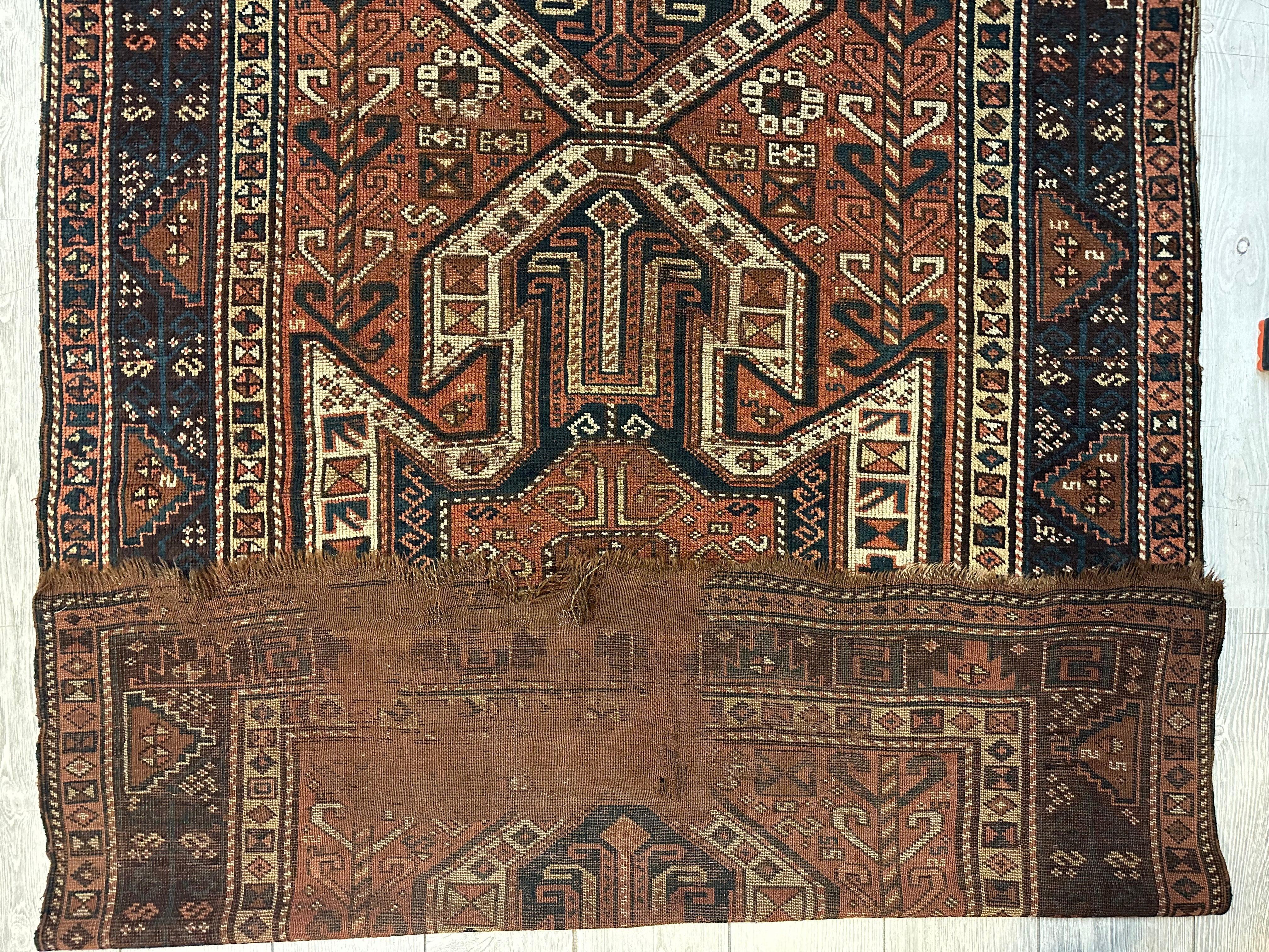 Pre-1900 Triple Shield Sewan Kazak Rug, 4’4”x11’7” - Image 7