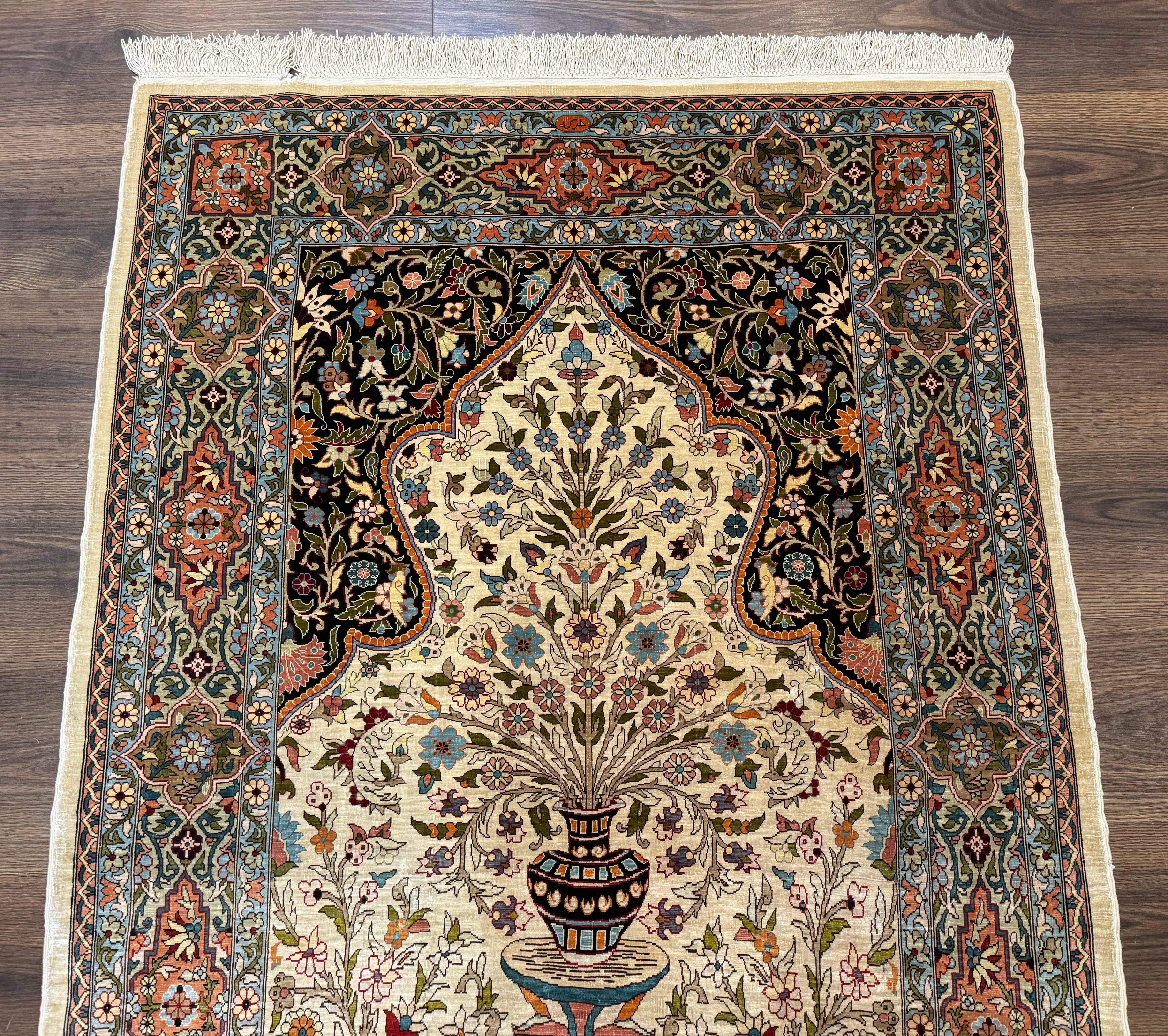 Rare Turkish Hereke Silk Rug 3x5, Tree of Life Persian Vase Design, Very Fine 440 KPSI, Signed - Image 3