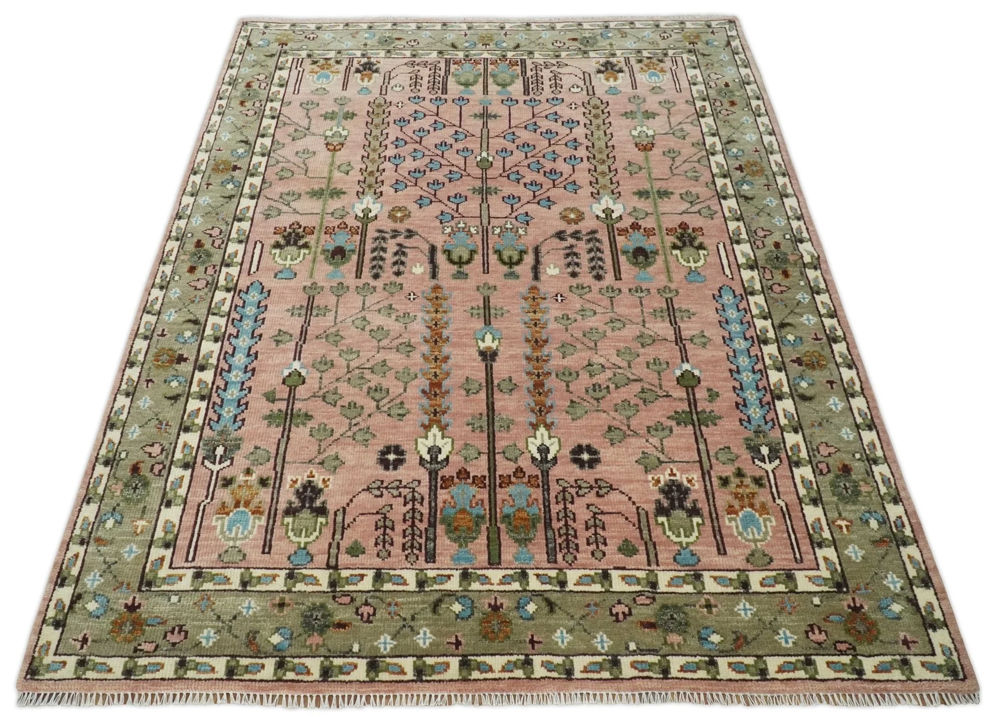 Ready to Ship Pink, Olive and Beige Traditional Vintage Style Tree Wool Rug - Image 10