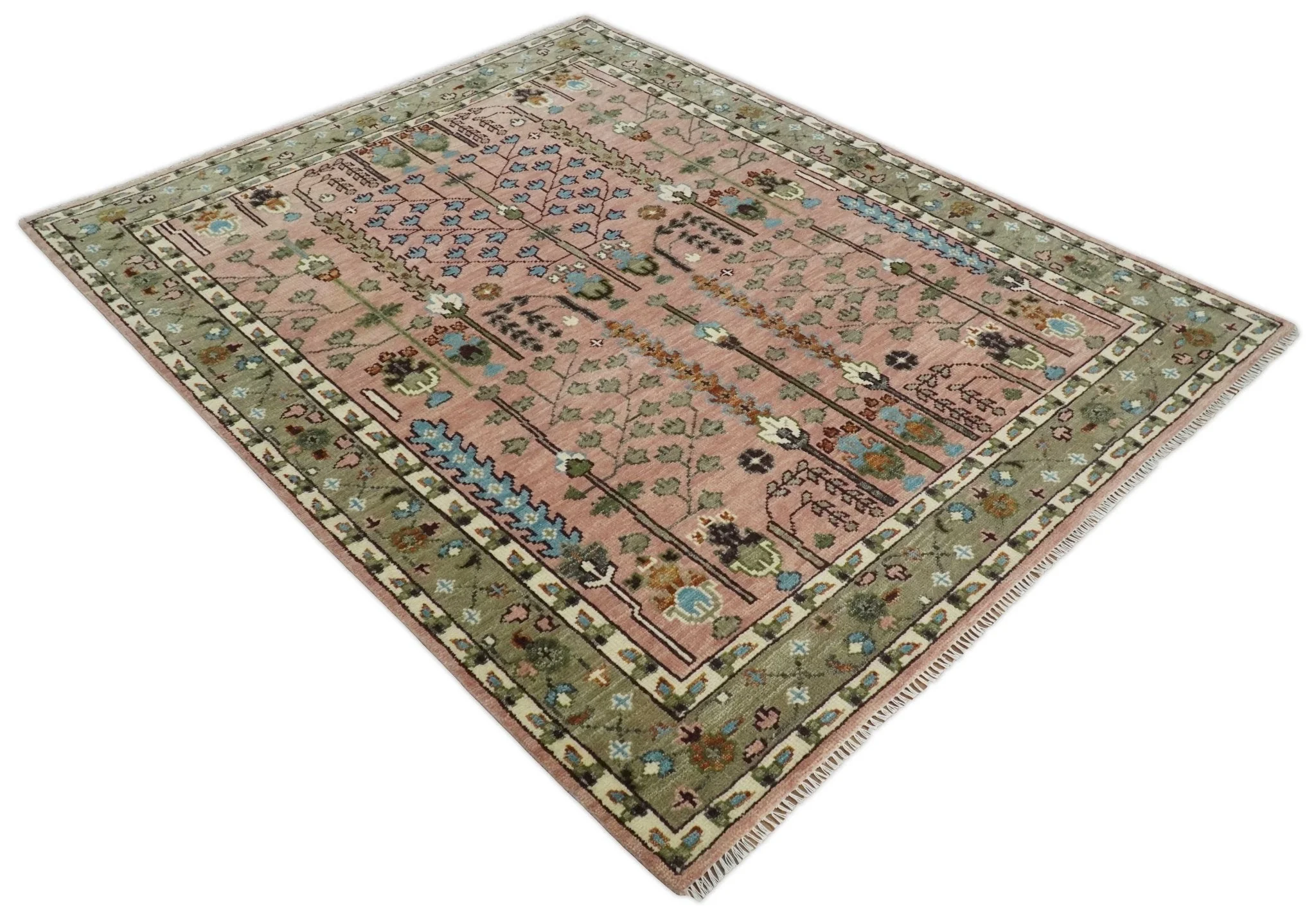 Ready to Ship Pink, Olive and Beige Traditional Vintage Style Tree Wool Rug - Image 11