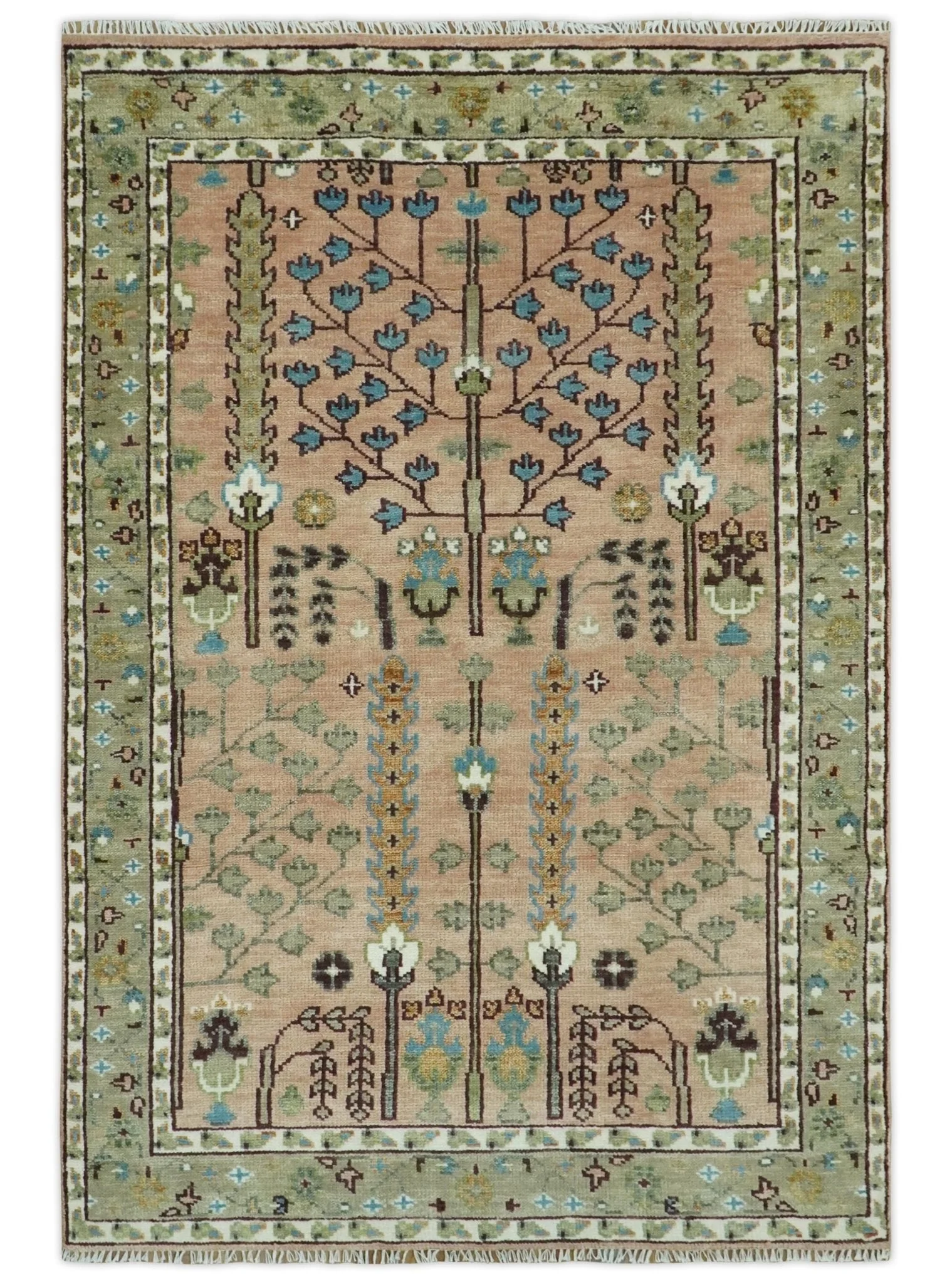 Ready to Ship Pink, Olive and Beige Traditional Vintage Style Tree Wool Rug - Image 12