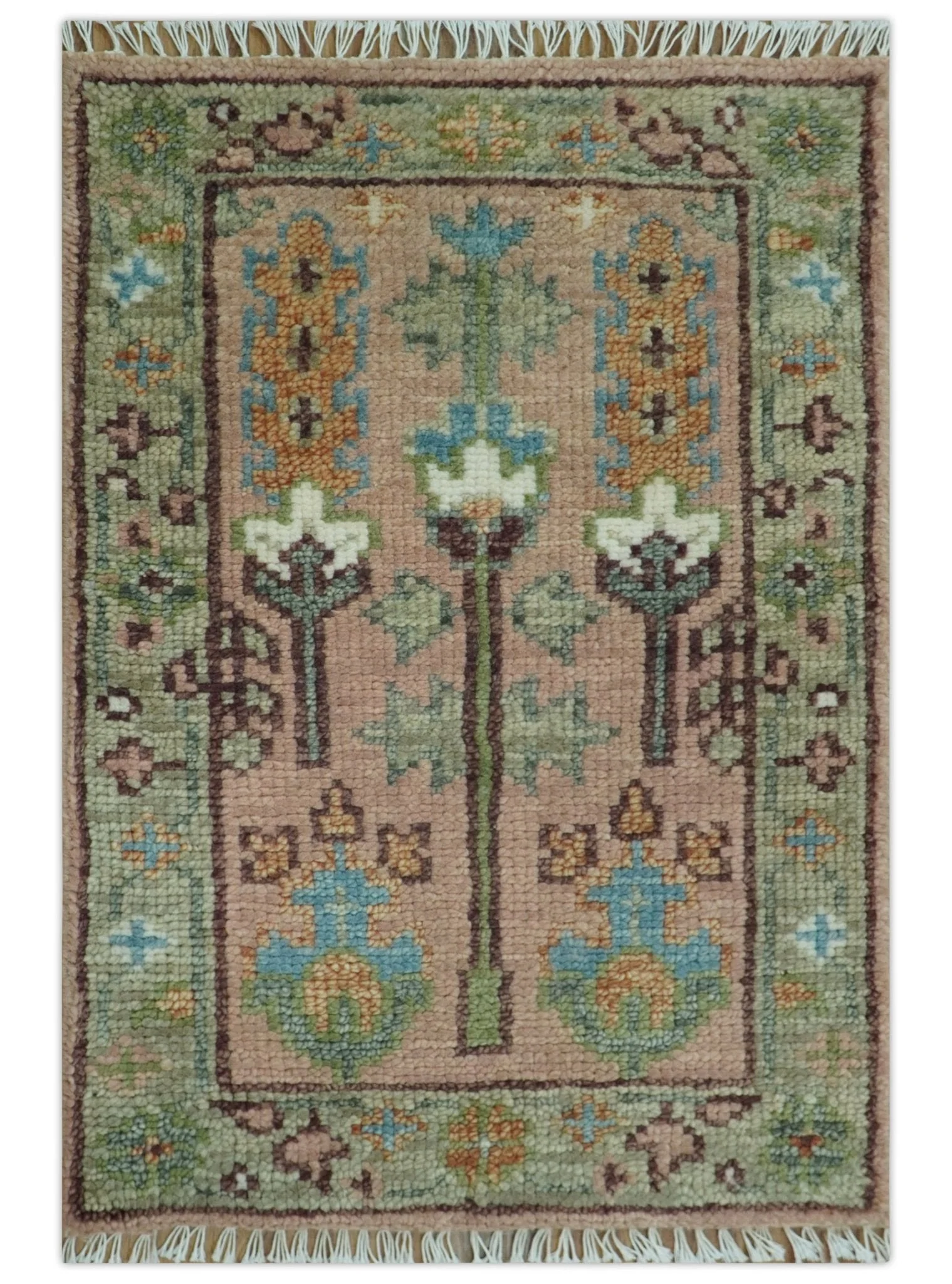 Ready to Ship Pink, Olive and Beige Traditional Vintage Style Tree Wool Rug - Image 13