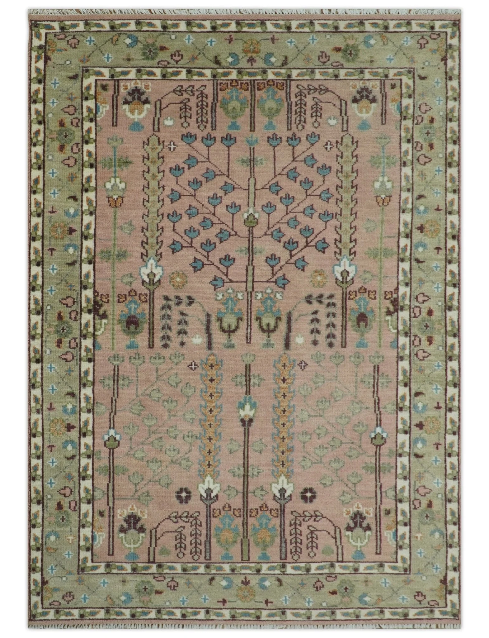 Ready to Ship Pink, Olive and Beige Traditional Vintage Style Tree Wool Rug - Image 14